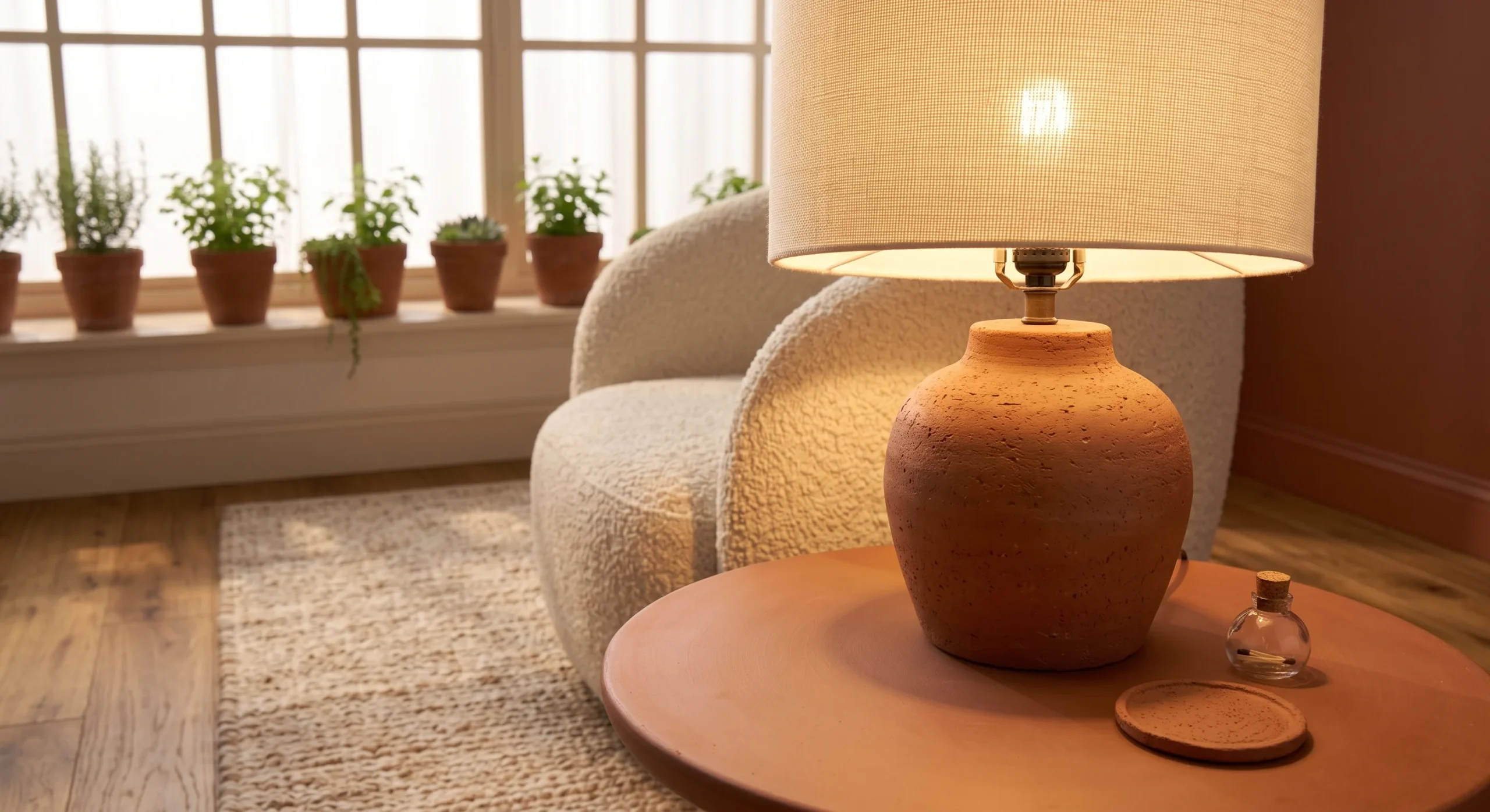 A terracotta ceramic table lamp with a cream linen shade positioned on a side table, warm evening light glowing softly through the shade, close angled shot emphasizing the lamp's material contrast.