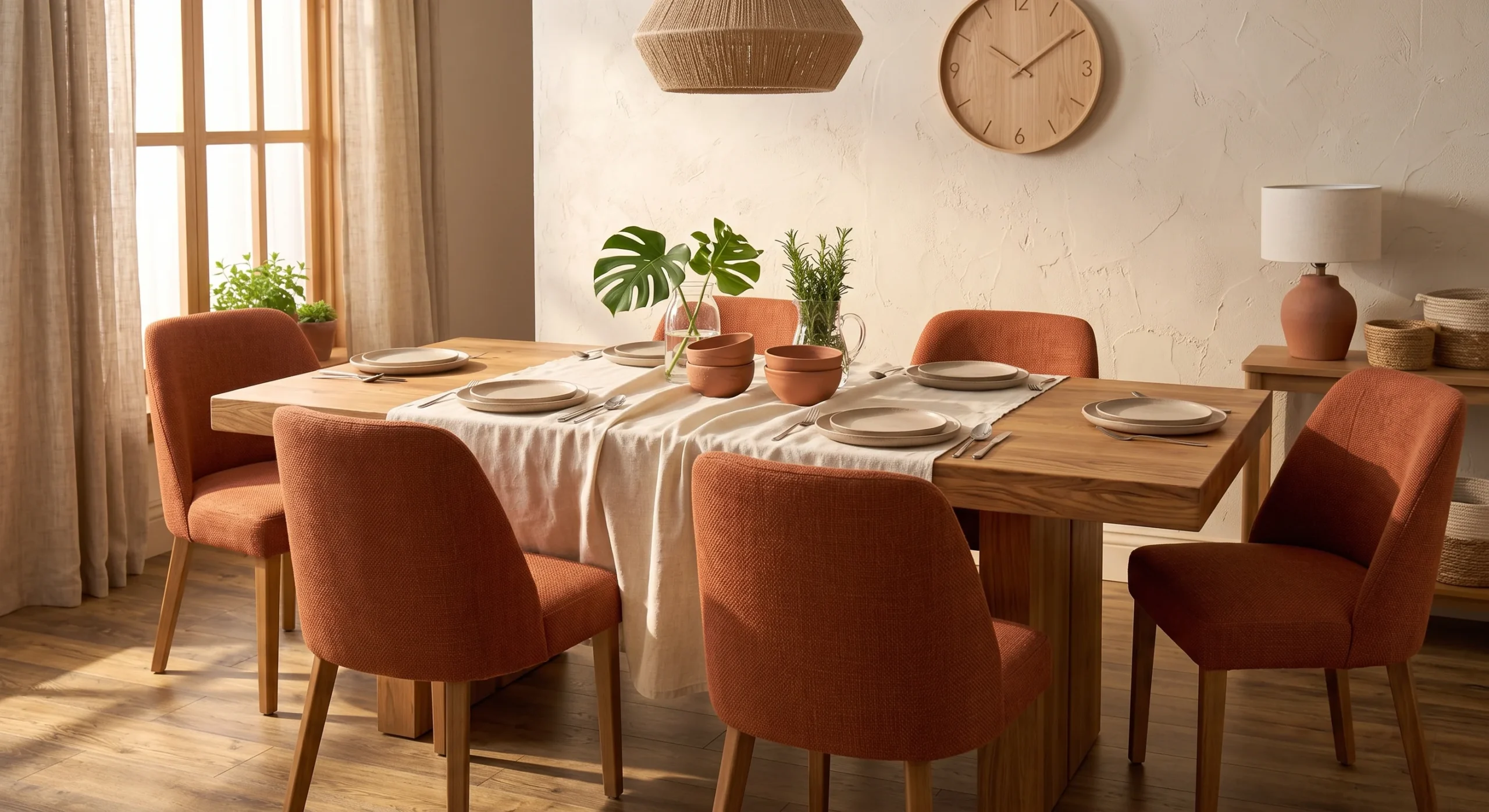 Terracotta upholstered dining chairs surrounding a warm wood table, soft natural light, wide shot emphasizing the chairs' color against the table's grain and a cream linen tablecloth.