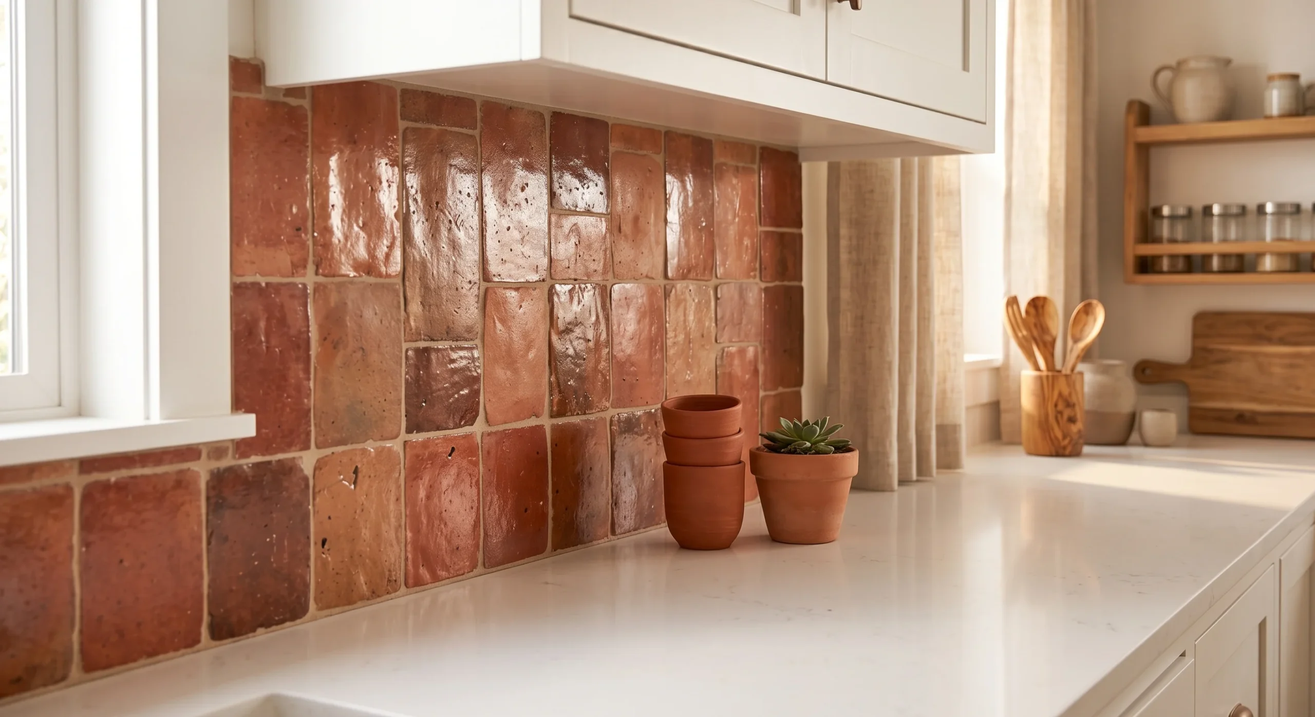 A terracotta tile backsplash behind a kitchen countertop, warm natural light highlighting the tile's varied, handmade coloring, close angled shot emphasizing the tile's texture against white cabinetry.