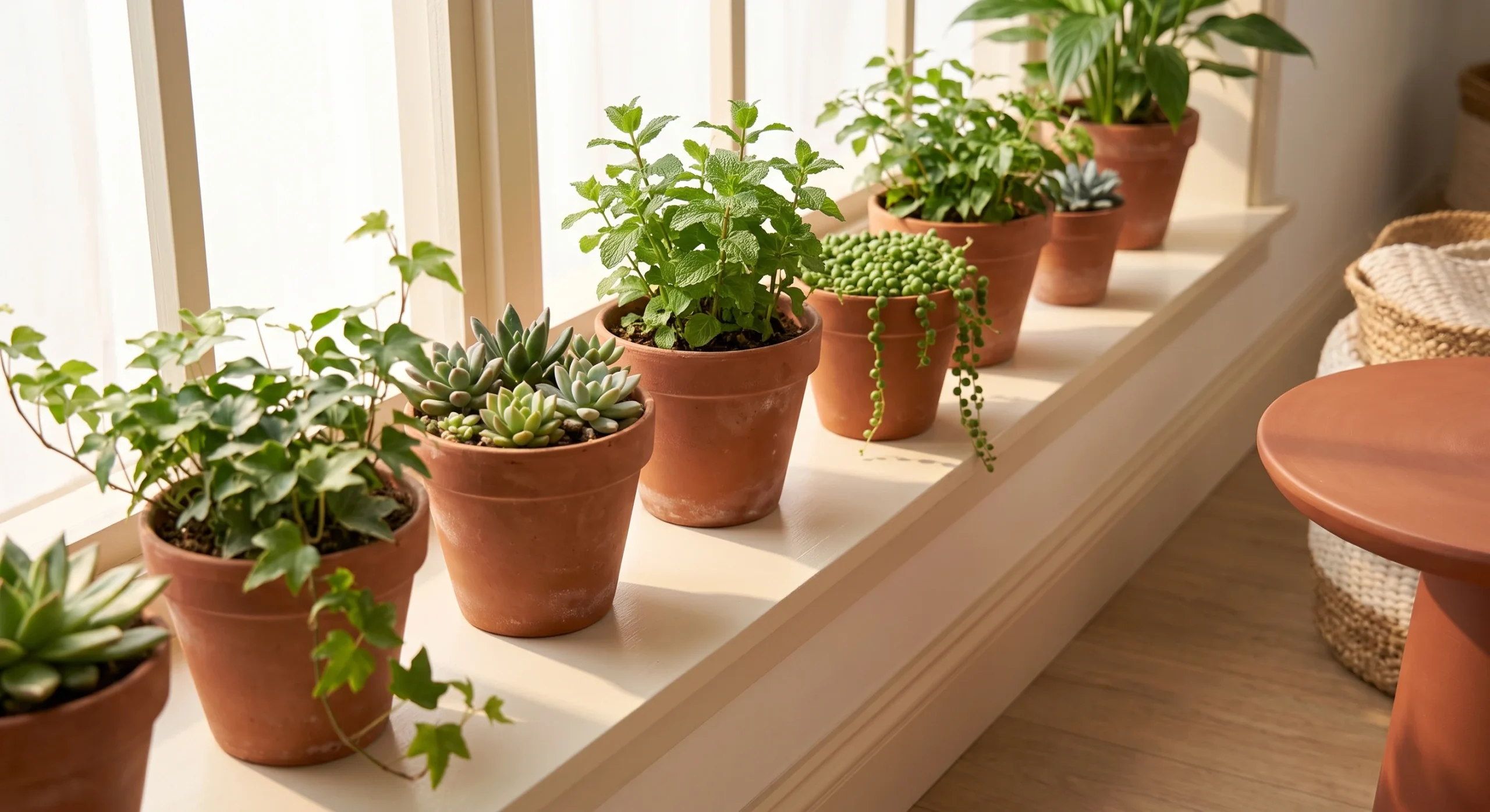 A row of classic terracotta plant pots holding green foliage on a windowsill, warm natural light, close angled shot emphasizing the pots' traditional unglazed texture against the greenery.