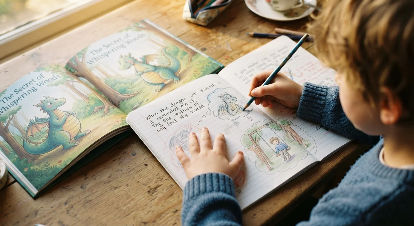 Child writing in a journal beside an open storybook, with a thought-bubble sketch on the page