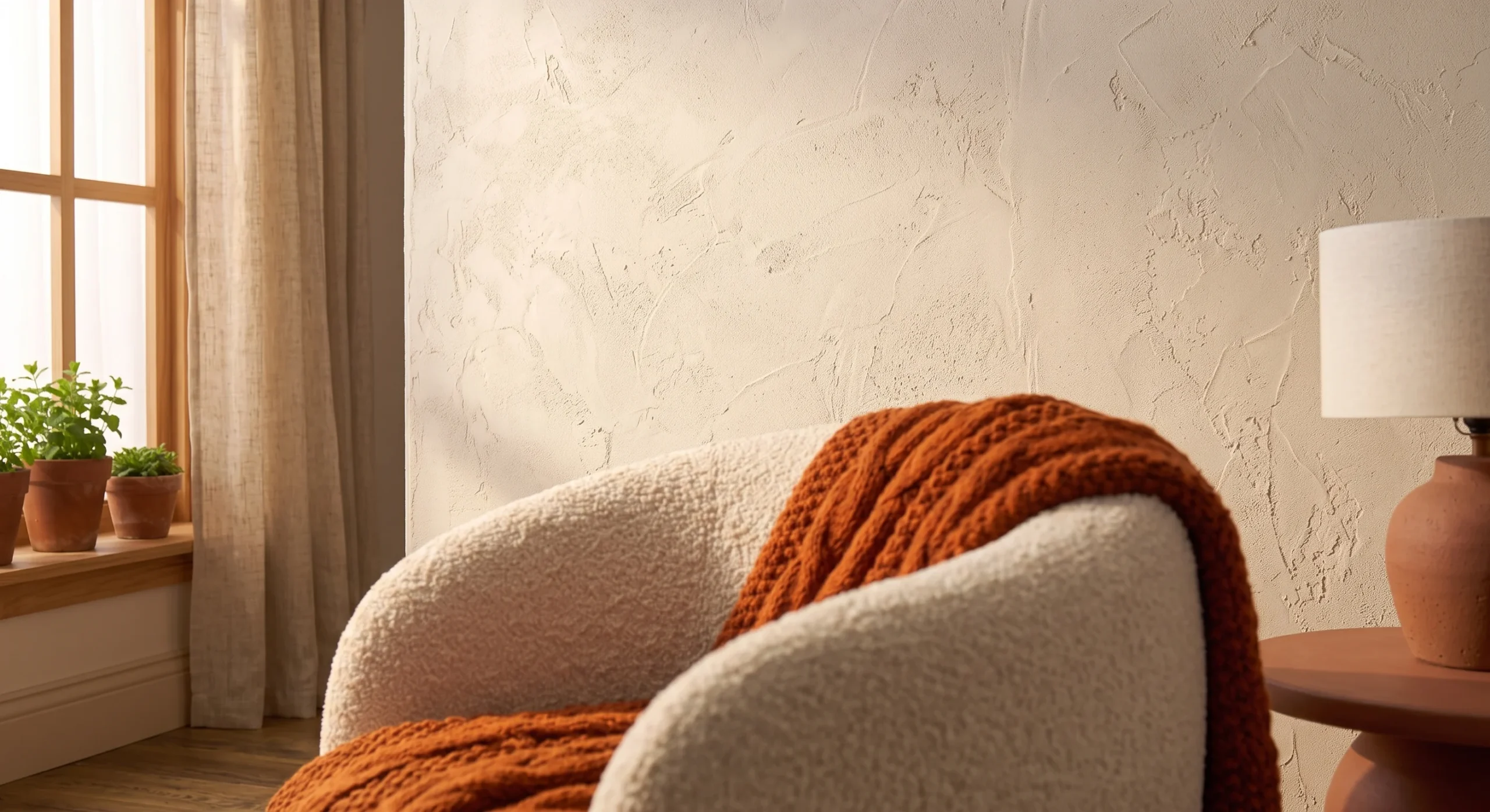 A hand-troweled textured plaster wall in a warm cream tone, soft raking light emphasizing the subtle, organic surface variation, close angled shot capturing the wall's handmade texture.