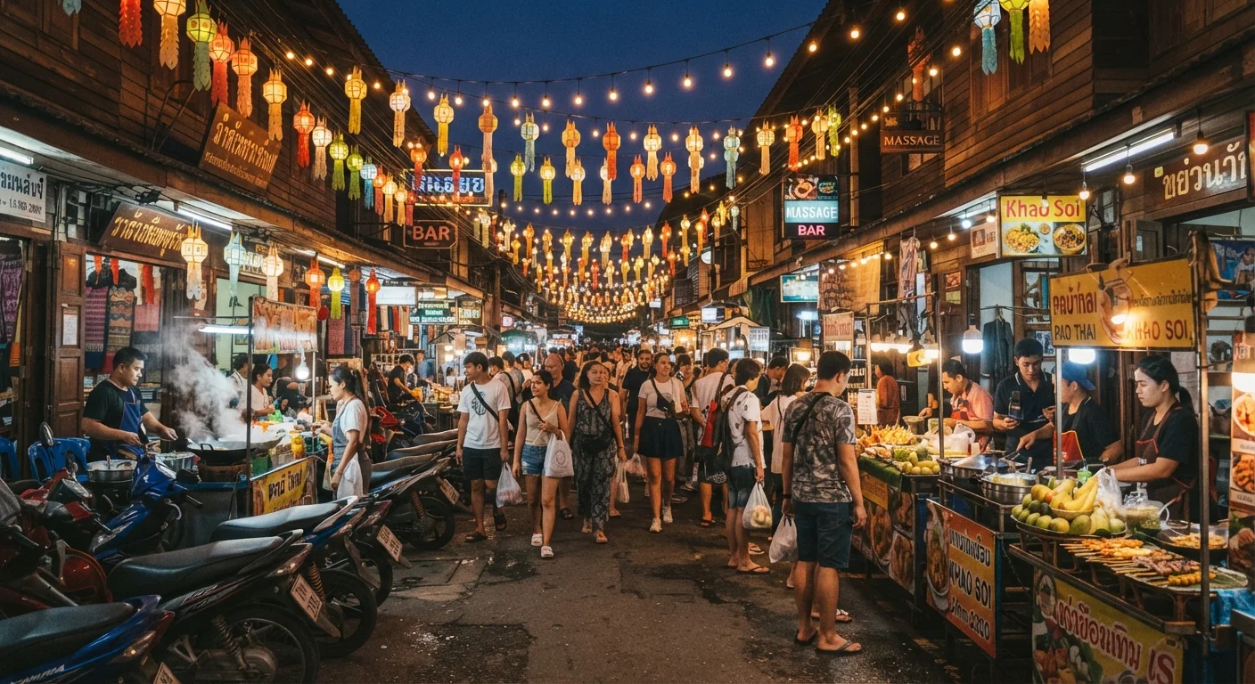 Street scene in Chiang Mai's old town at dusk, string lights over a night market, food stalls and small shops lining a narrow lane, motorbikes parked along the curb, warm orange and string-light glow, candid market atmosphere.