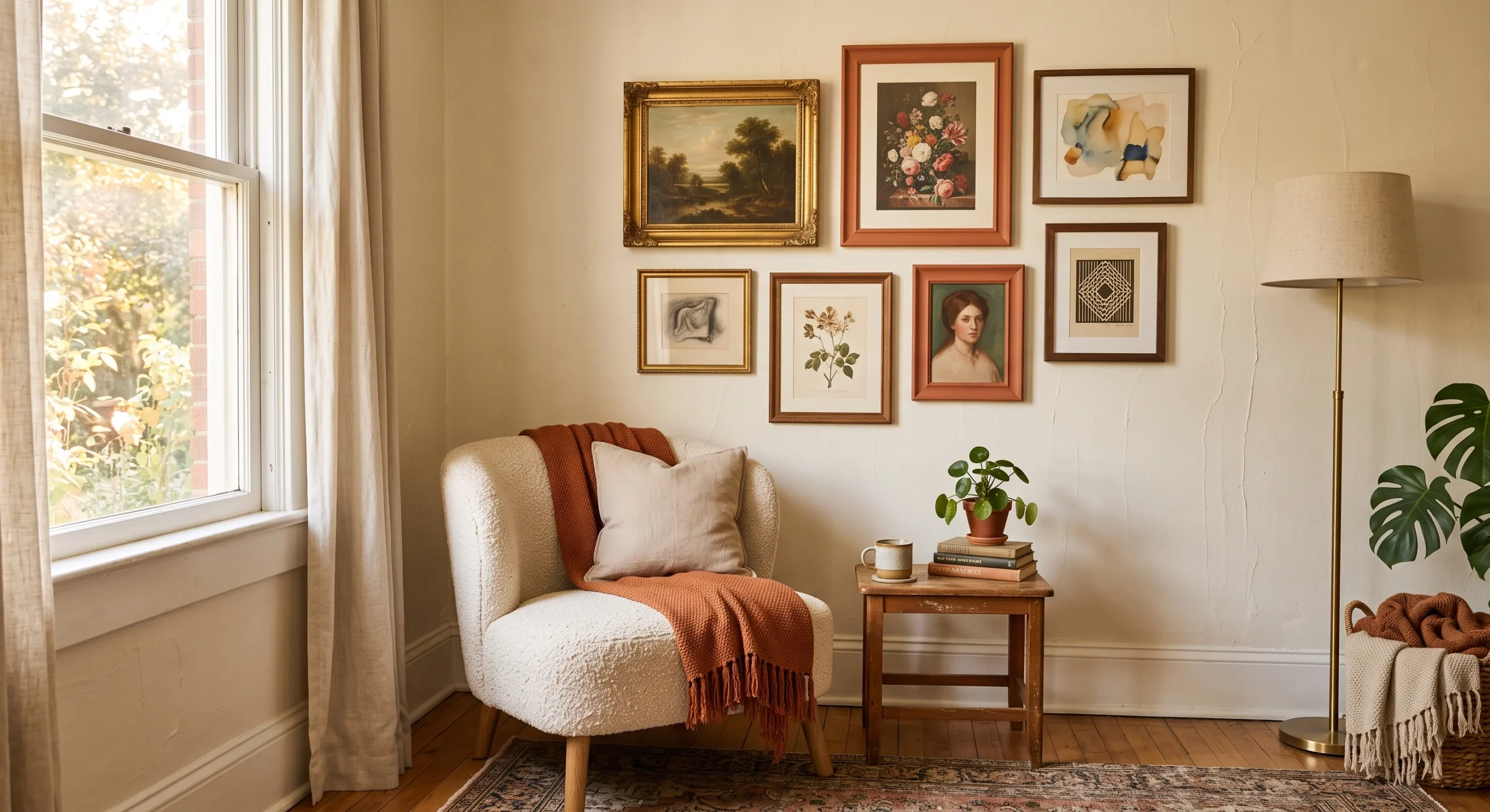 A cream-walled living room corner with an asymmetrical gallery wall of 7 mismatched vintage frames in gold, terracotta, and walnut tones, soft natural window light from the left, a low bouclé armchair beneath, warm afternoon glow, cozy eclectic mood, slightly elevated three-quarter camera angle.