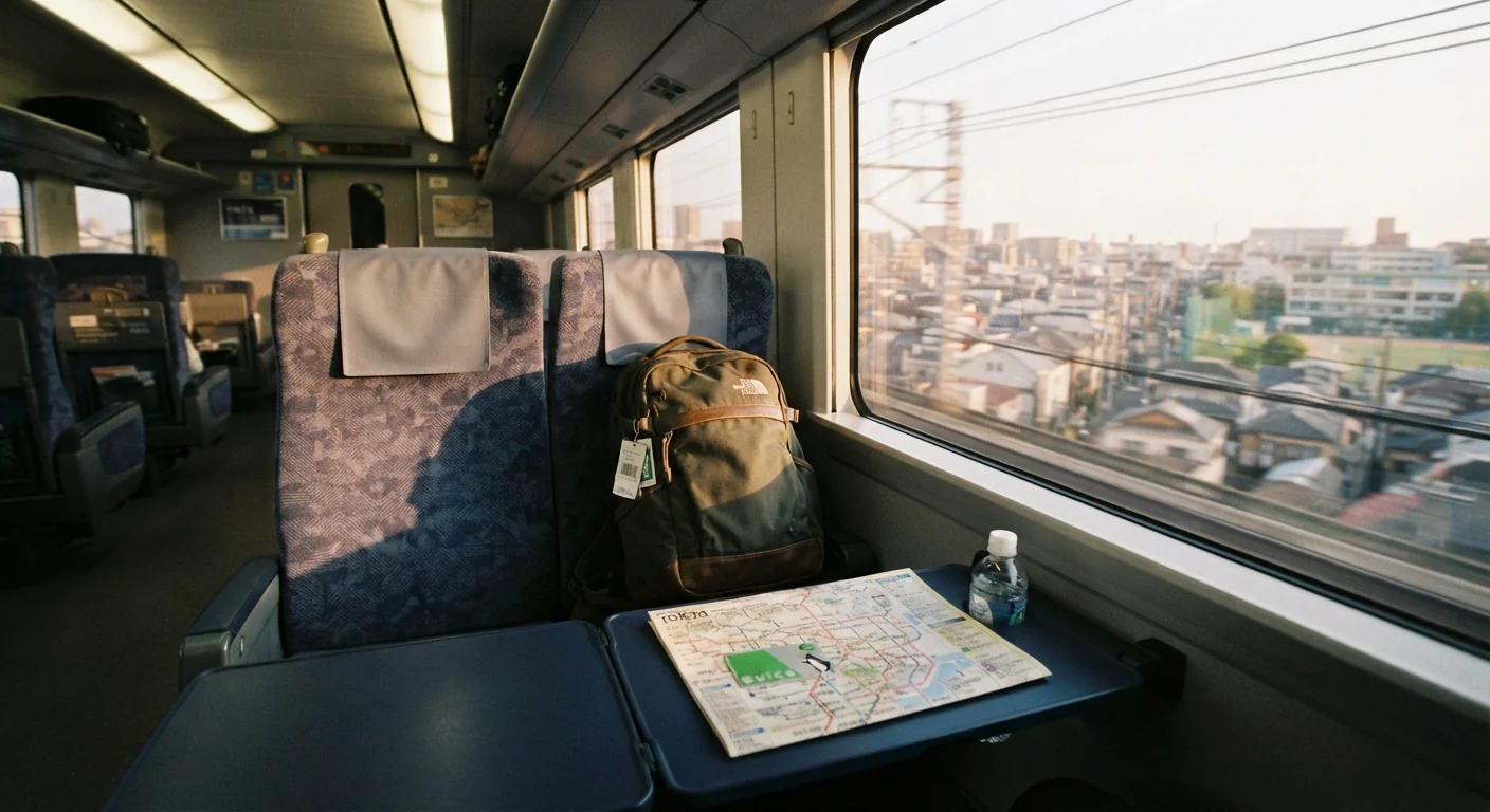 Wide shot of Narita Express train interior with a traveler's backpack on the seat, soft afternoon light through the window, Tokyo suburbs blurring past, a folded paper map and IC card visible on the tray table, muted grays and blues, documentary candid framing.