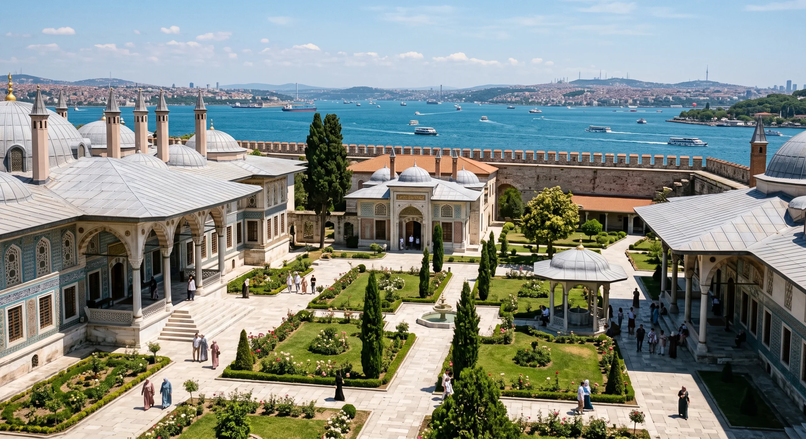Wide shot of Topkapi Palace's ornate courtyard, manicured gardens with the Bosphorus visible beyond the palace walls, intricate Ottoman architectural details on the surrounding buildings, bright midday sun, expansive documentary landscape composition.