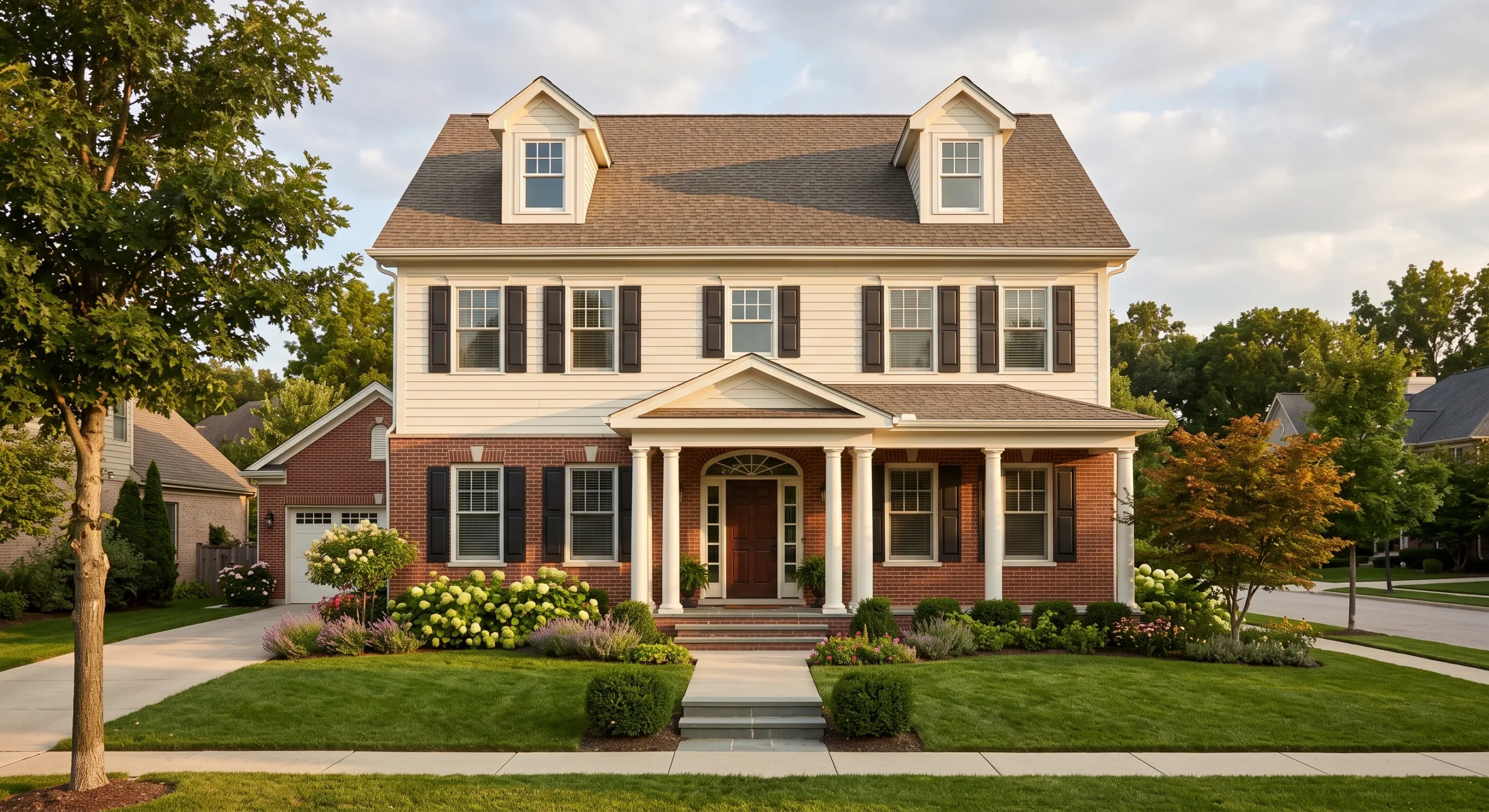 A generic well-proportioned Traditional home blending a symmetrical facade, a moderately pitched gabled roof, brick and siding combination, classic columned front porch, warm late-afternoon light, straight-on balanced elevation shot representing broad familiarity.
