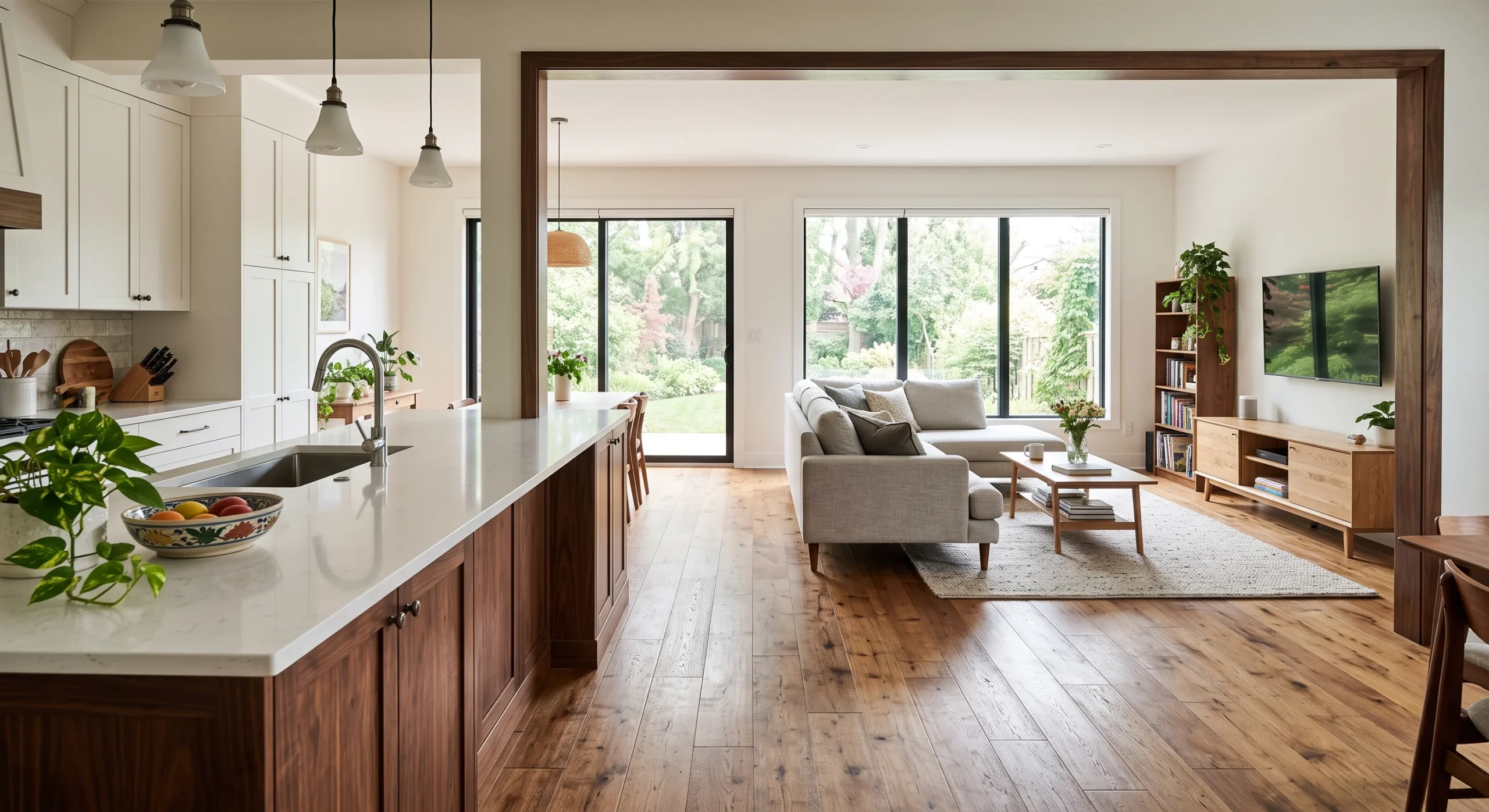 A wide-angle shot looking through an open floor plan from the kitchen island toward the living room, an unobstructed sightline connecting both zones, soft natural light, straight-on perspective emphasizing the continuous walking path.