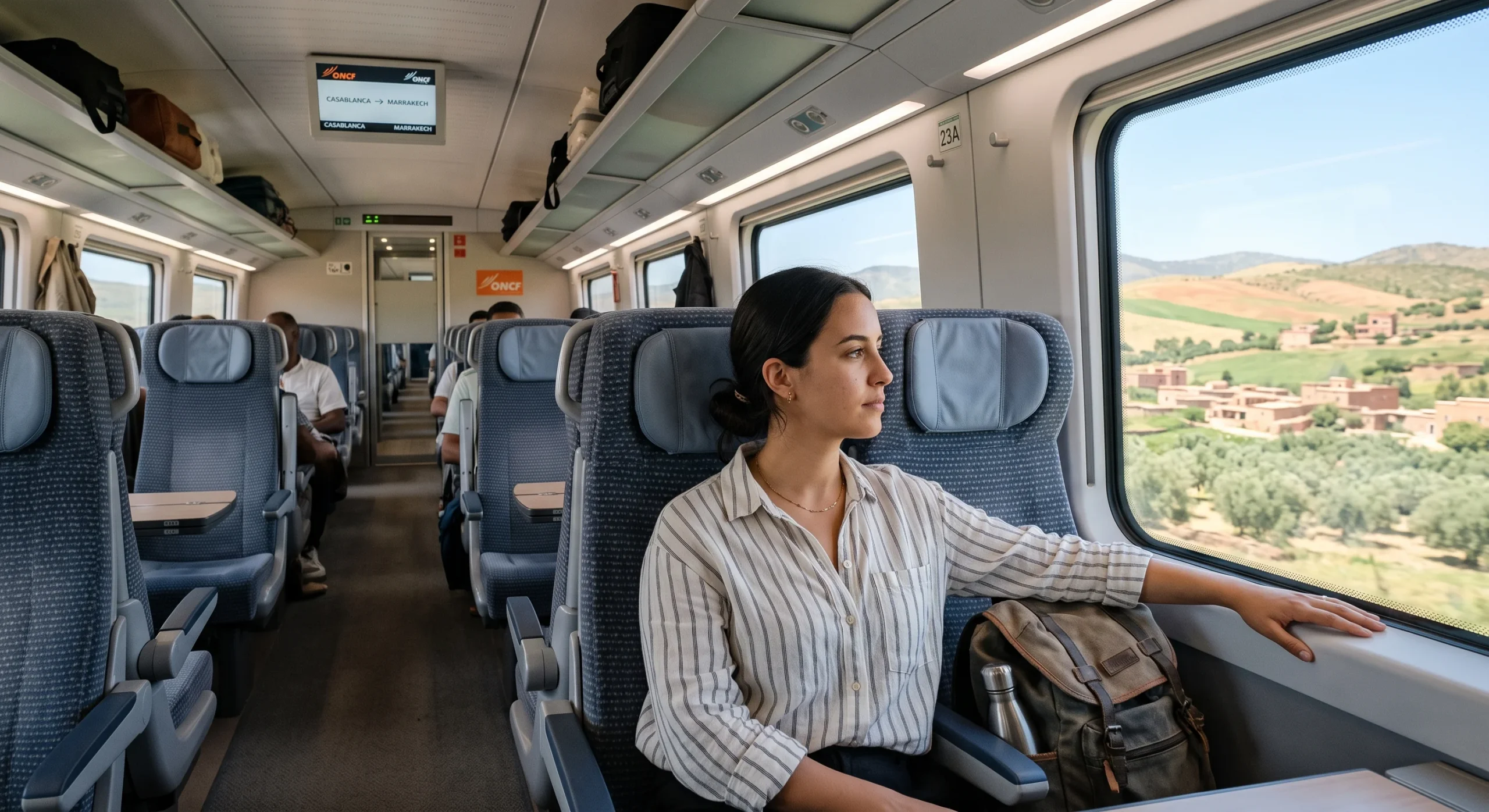 Interior shot of a modern Moroccan train carriage, comfortable upholstered seats, a passenger looking out the window at passing countryside, soft daylight streaming in, clean documentary transportation composition.