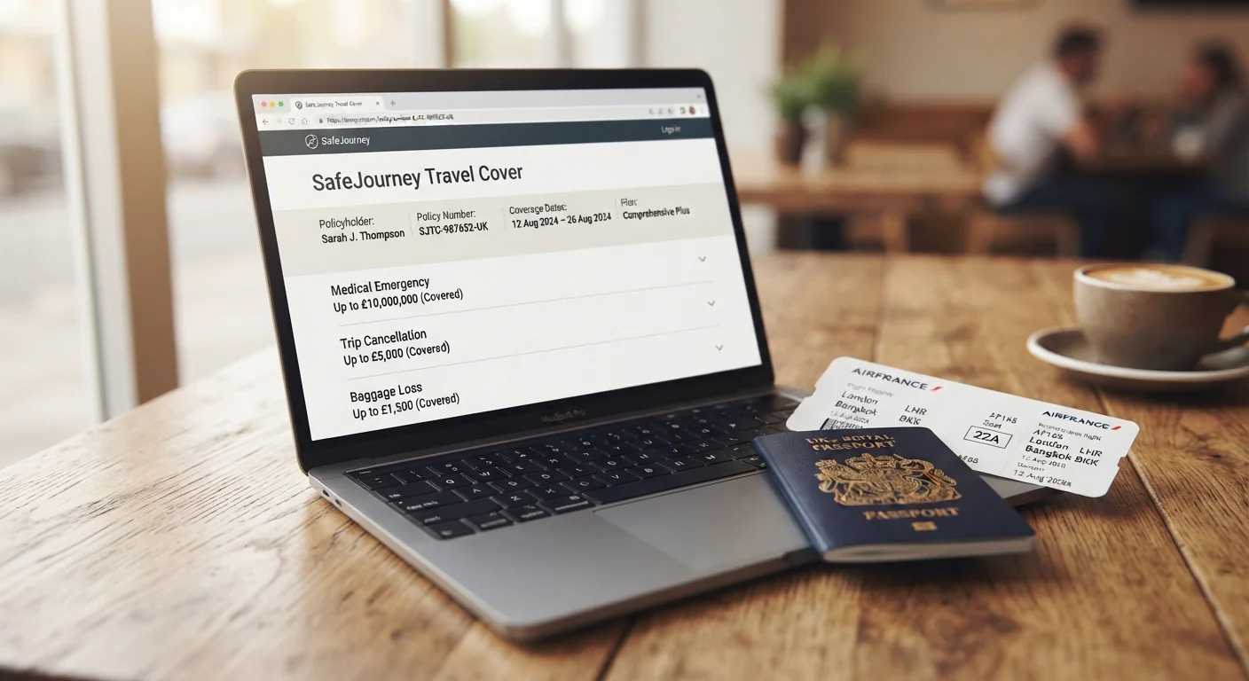 Close-up of a laptop screen showing a travel insurance policy summary page, a passport and boarding pass resting nearby, soft cafe window light, shallow depth of field, neutral editorial planning composition.