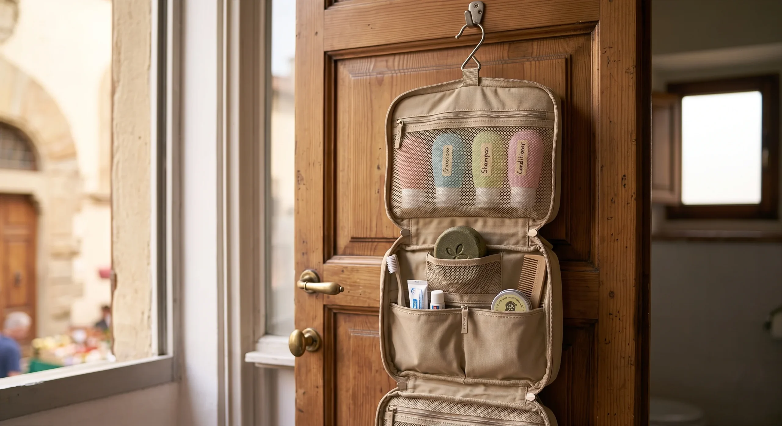 A hanging toiletry bag unfolded against a bathroom door, small silicone travel bottles and a solid shampoo bar visible inside its compartments, soft natural light, organized close-up composition emphasizing compact storage.