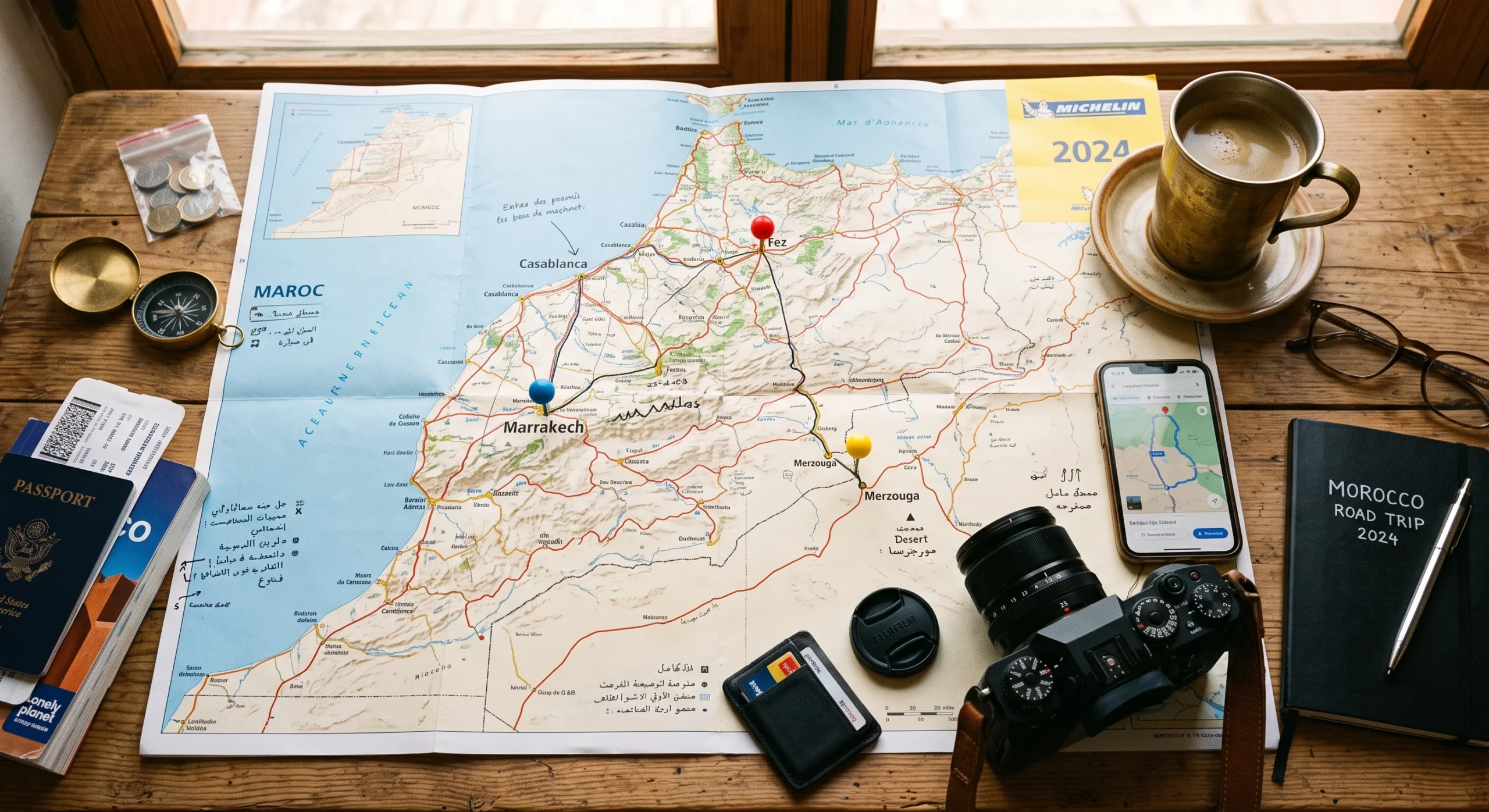 Wide overhead shot of a Morocco road trip map spread across a table, marked with pins at Marrakech, Fez, and the desert, a coffee cup and camera resting nearby, warm natural light, organized travel-planning documentary composition.