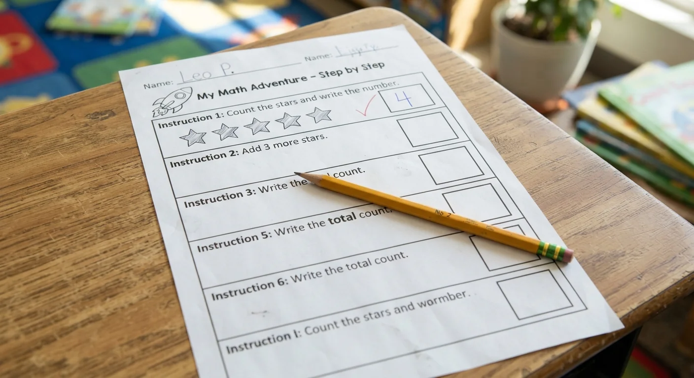 A worksheet with only the first instruction completed correctly while the remaining steps sit blank, a child's pencil resting mid-page, bright classroom-adjacent natural light, close overhead shot emphasizing the incomplete multi-step page.
