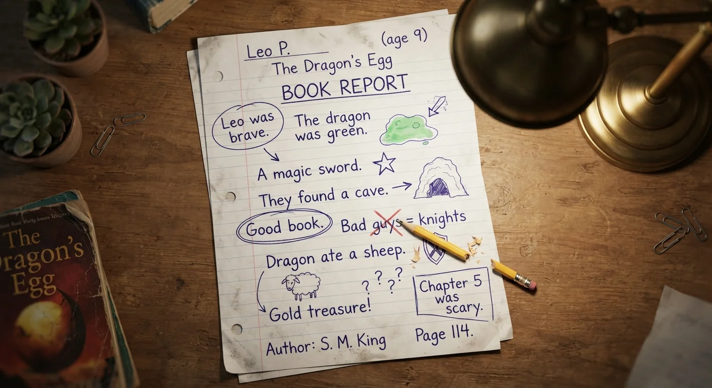 A child's book report page filled with scattered, disconnected details rather than a clear summary, soft desk lamp light, close overhead shot emphasizing the disorganized list of facts on the page.
