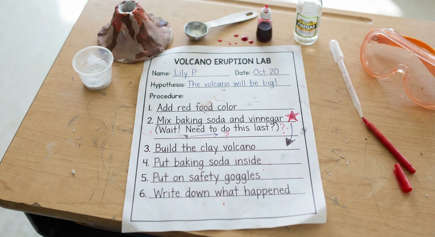 A science experiment worksheet with steps listed out of order by a child's handwriting, materials scattered nearby, bright even daylight, close overhead shot emphasizing the jumbled sequence written on the page.