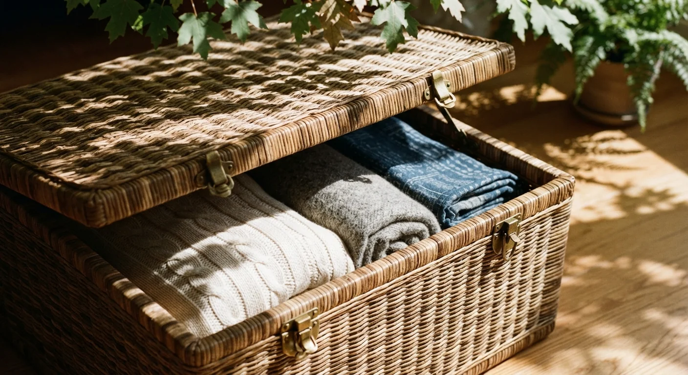 Close-up macro shot of a woven trunk coffee table with its lid propped open, folded blankets tucked inside, dappled light through leaves falling across the textured material and brass clasps.