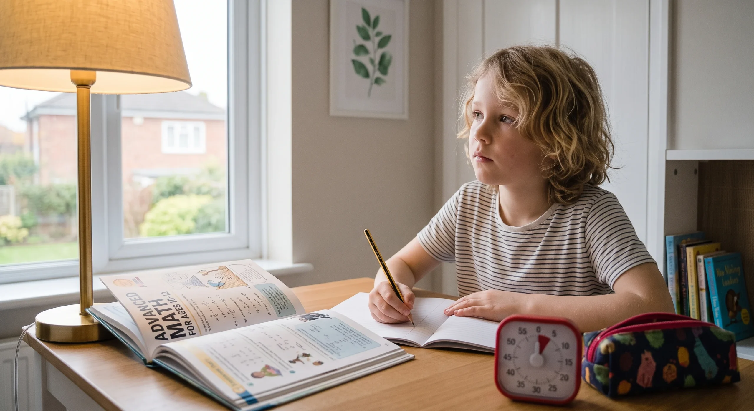 A kitchen timer set to five minutes resting beside an open textbook, a child staring thoughtfully at a problem before writing, soft afternoon light, close overhead shot emphasizing the timer's countdown and the child's focused pause.