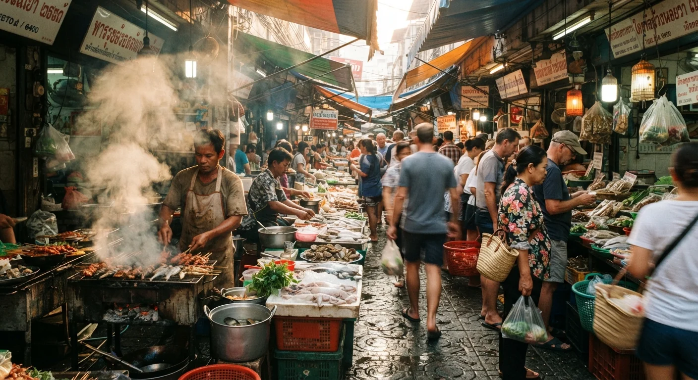 Bustling narrow market alley lined with small seafood and street food stalls, steam rising from a grill, vendors preparing skewers, warm morning light filtering between awnings, shoppers with bags browsing, candid unposed composition with visible motion.