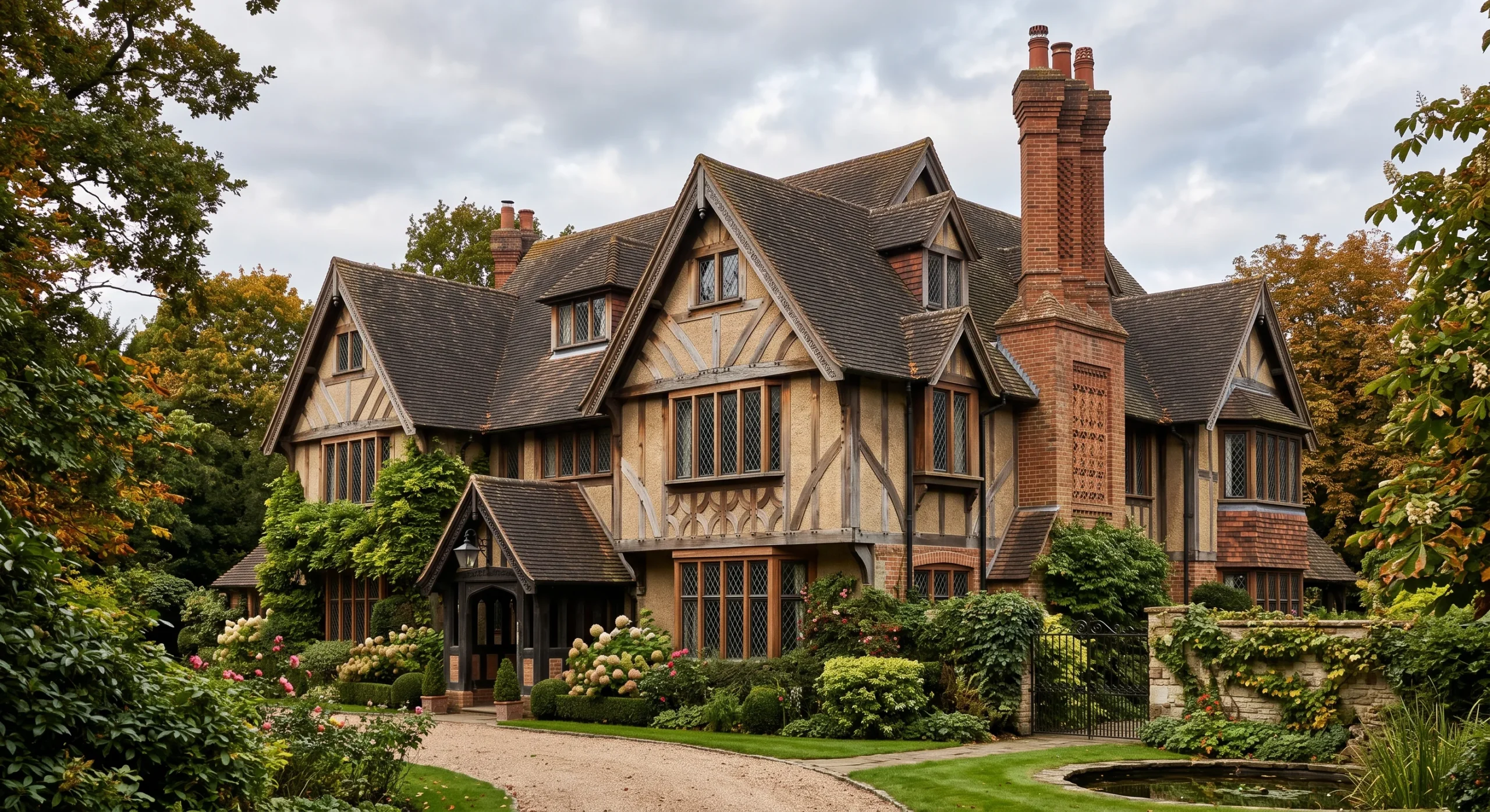 A Tudor-style home with steeply pitched cross-gabled roofs, decorative half-timbering across a stucco facade, tall narrow windows with diamond-pane glass, warm brick chimney, soft overcast light, angled shot capturing the roofline's complexity.