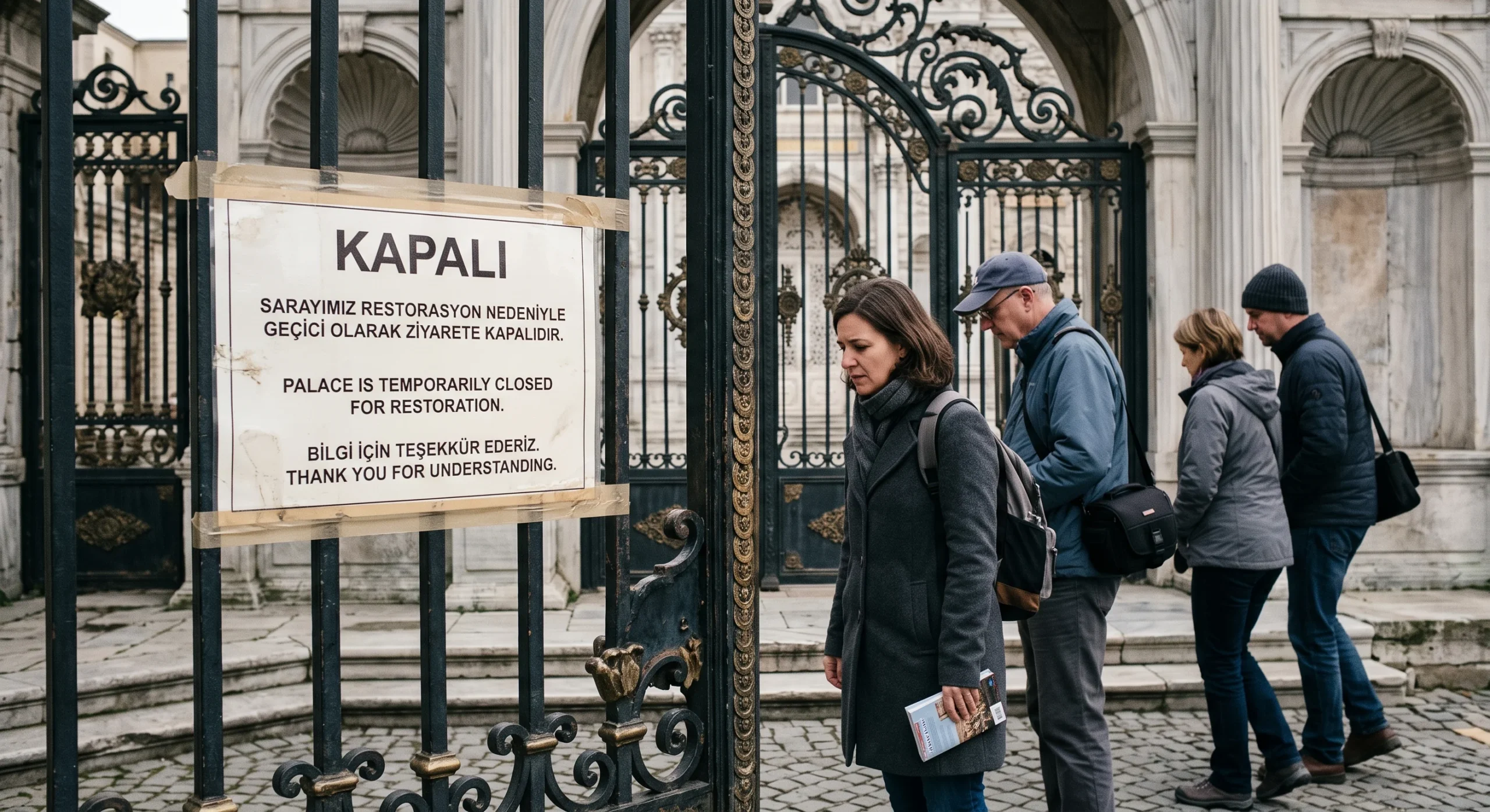 Close-up of a closed sign posted on an ornate palace gate, soft overcast lighting, a few disappointed-looking visitors reading the notice, muted gray tones, documentary-style composition emphasizing the unexpected obstacle.