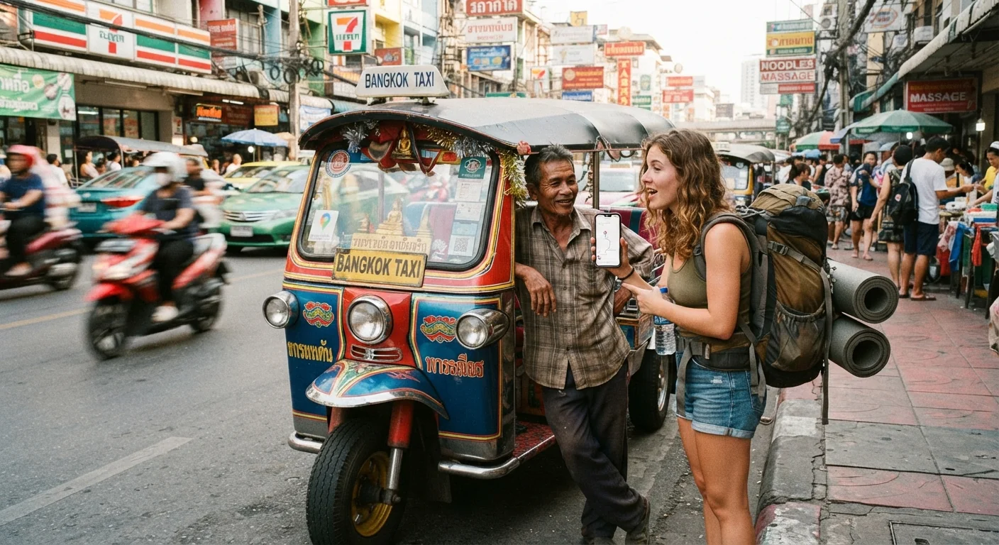 Street-level shot of a colorful tuk-tuk parked at a curb with the driver leaning against it, a backpacker negotiating with a phone showing a map, busy street traffic blurred in the background, warm midday light, candid unposed composition.