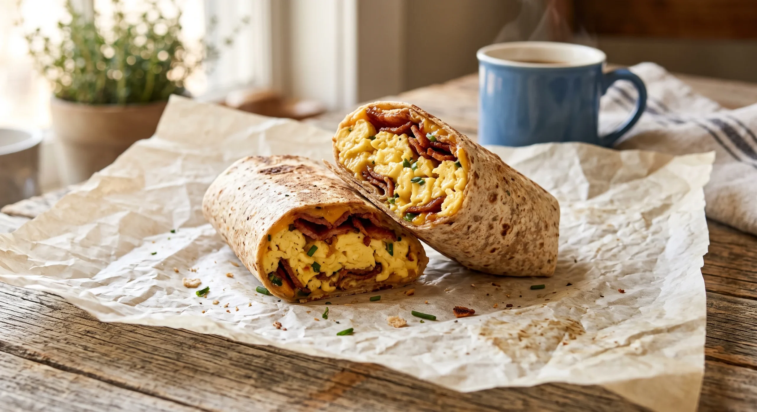 A whole wheat tortilla wrap filled with scrambled eggs and turkey bacon, half unwrapped on parchment paper, warm casual morning light, close appetizing composition.