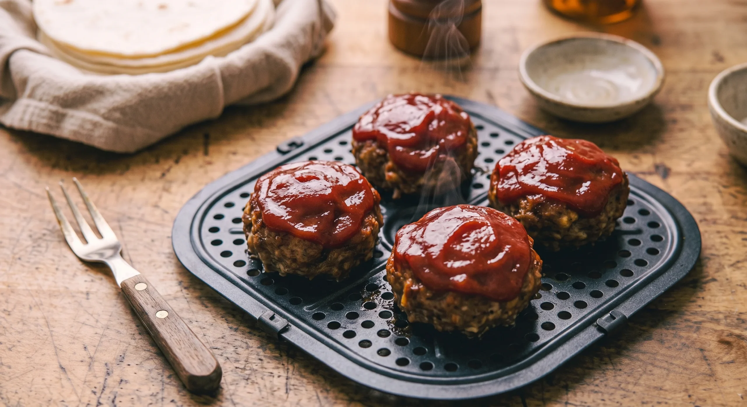 Several small individual meatloaves with a glossy ketchup glaze arranged in an air fryer basket, warm overhead kitchen light, a fork resting nearby, comforting homestyle composition.