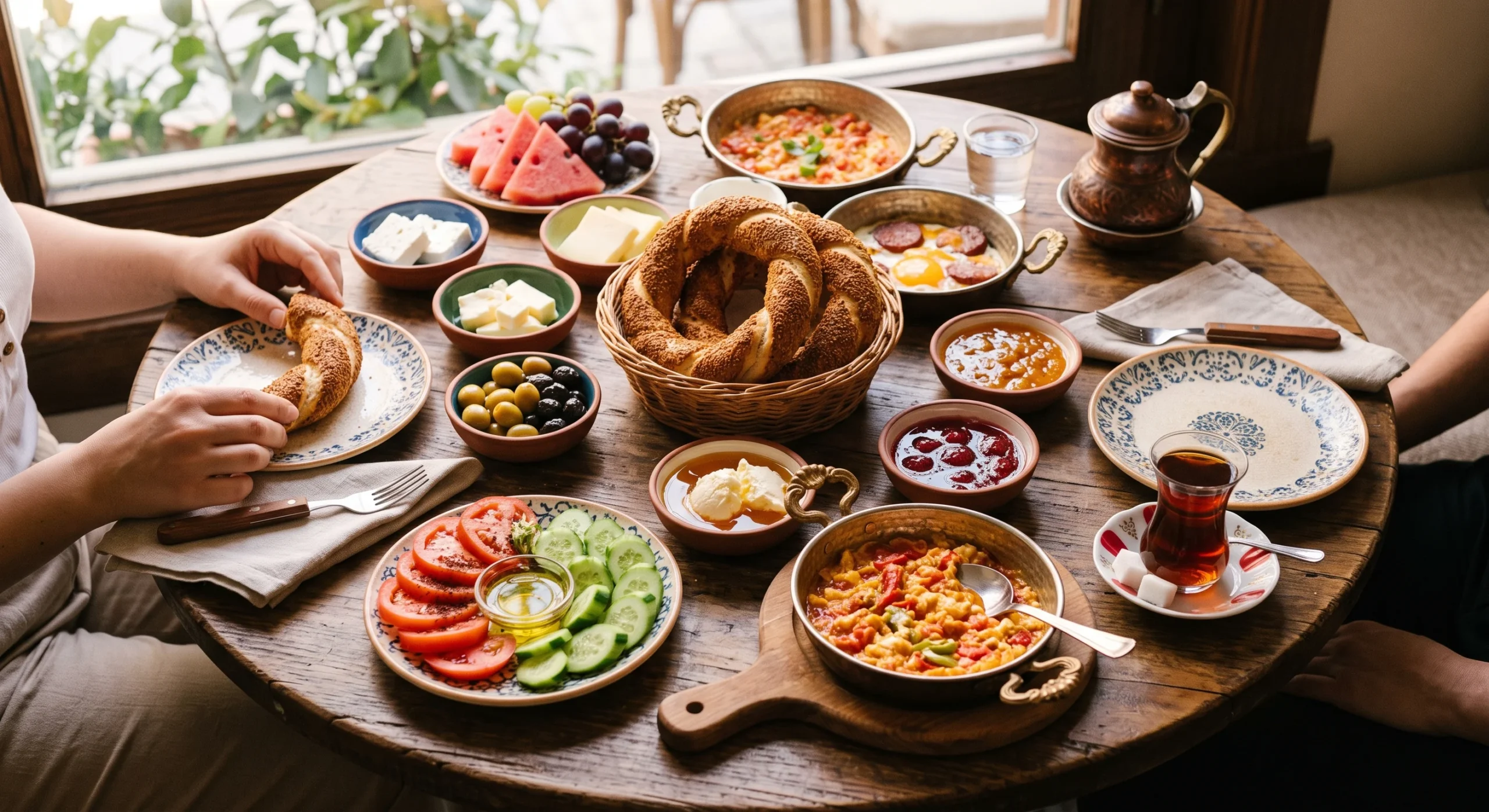 Overhead shot of a traditional Turkish breakfast spread on a small round table, an assortment of cheeses, olives, tomatoes, honey, and simit bread, a glass of Turkish tea beside the plates, warm natural morning light, inviting food photography.