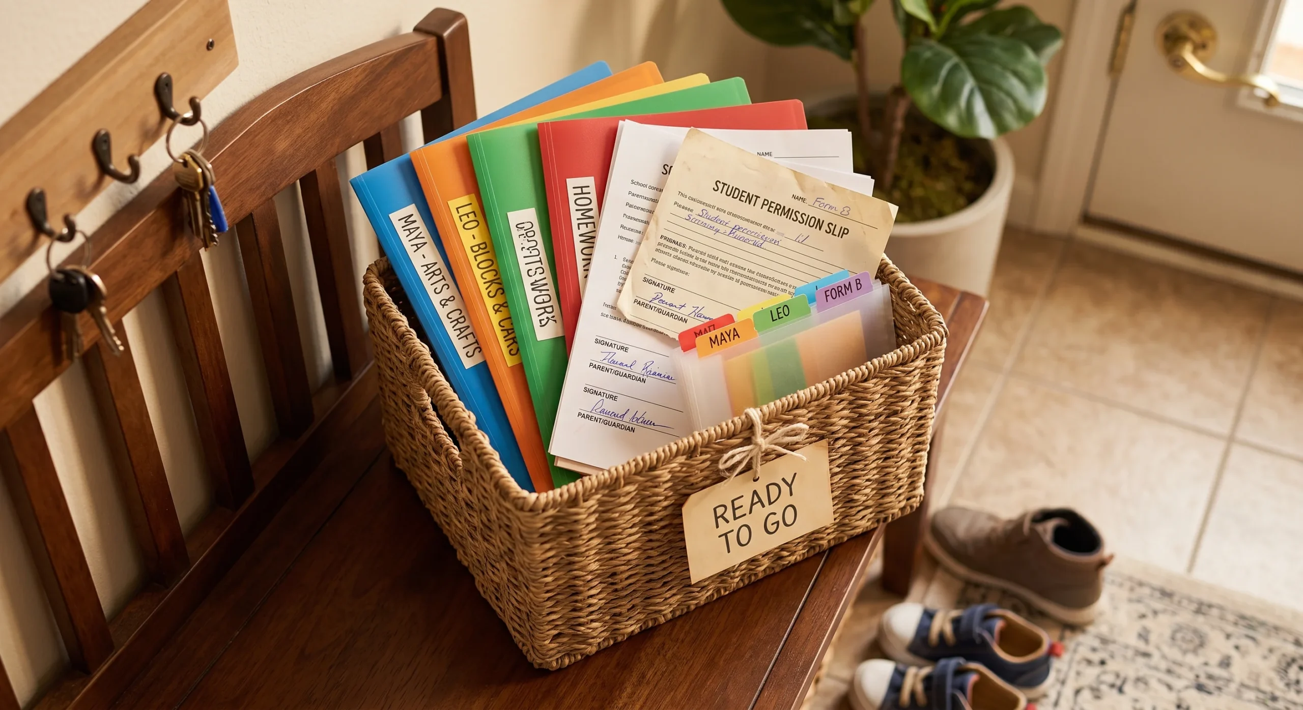 A small labeled basket by the front door holding completed school folders and signed forms ready to go, warm entryway light, close overhead shot emphasizing the basket's organized, ready-to-grab contents.
