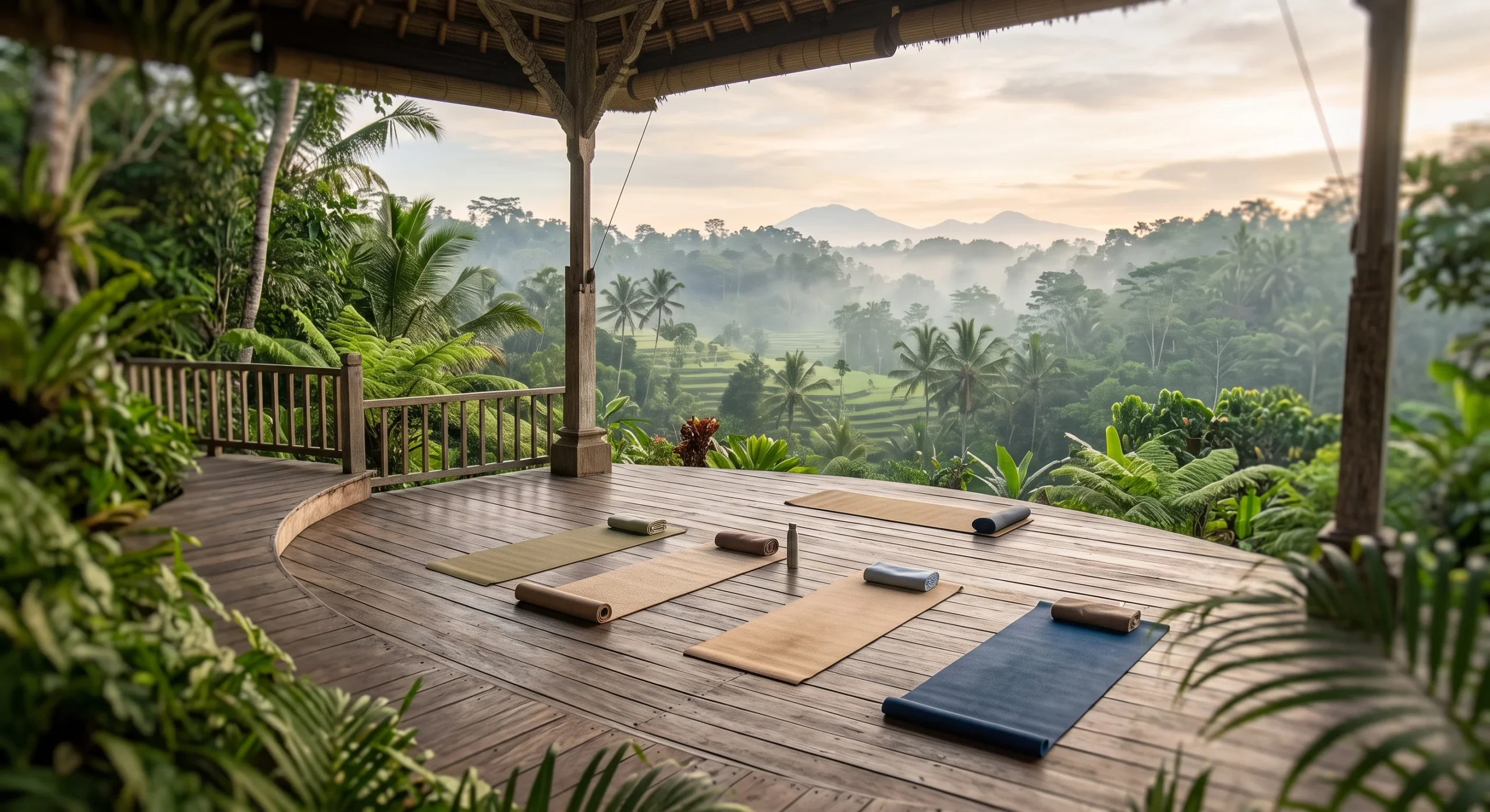 An open-air yoga platform overlooking a jungle valley, a few mats laid out facing the view, soft early morning light, greenery framing the edges of the wooden deck, calm and uncrowded atmosphere with no people in sharp focus.