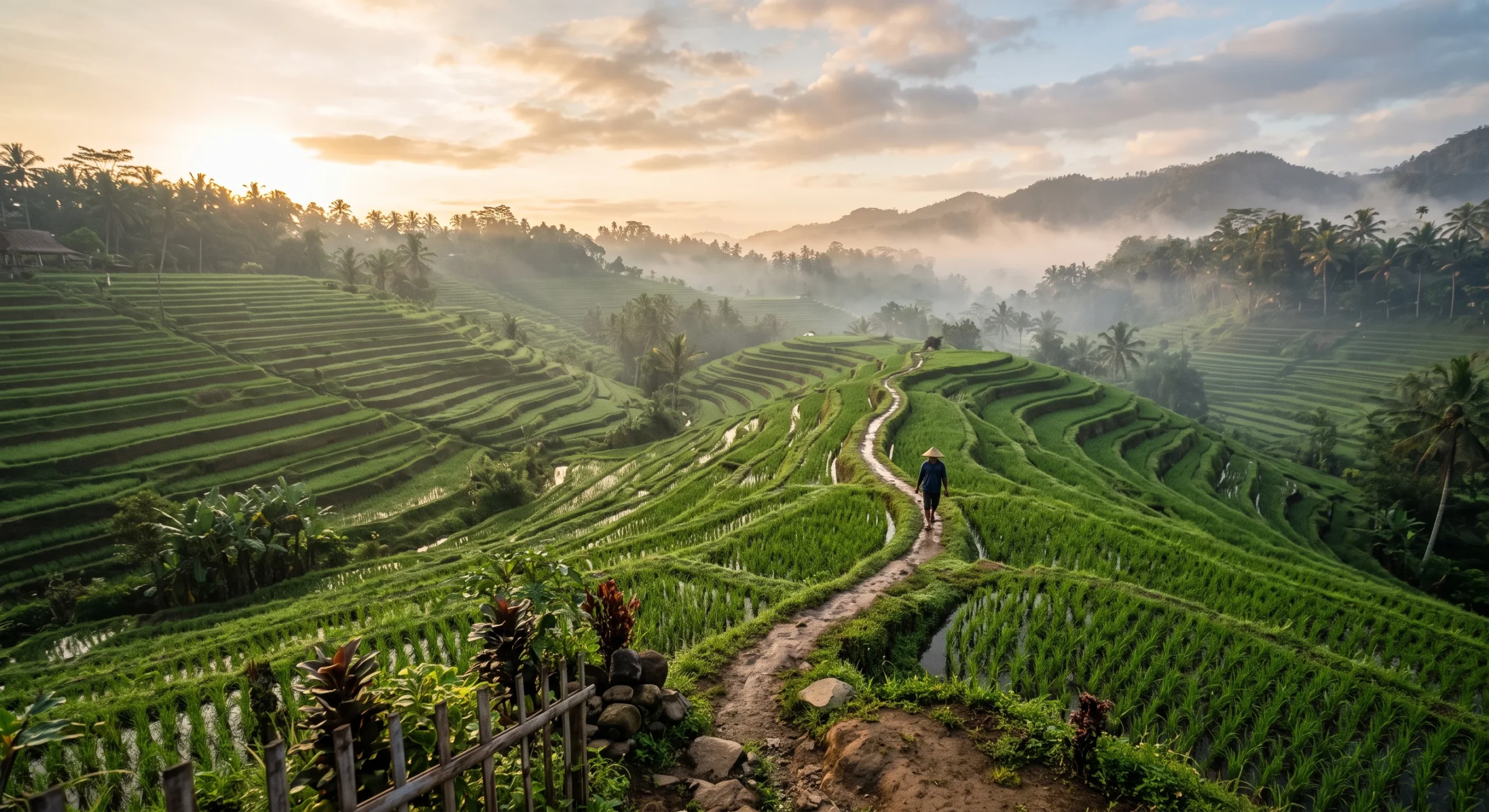 Wide shot of vivid green Tegallalang rice terraces at golden morning hour, layered hillside paths winding downward, a single farmer visible in the distance, soft mist lifting off the fields, dew still on the leaves, documentary-style travel photography angle from a raised viewpoint.