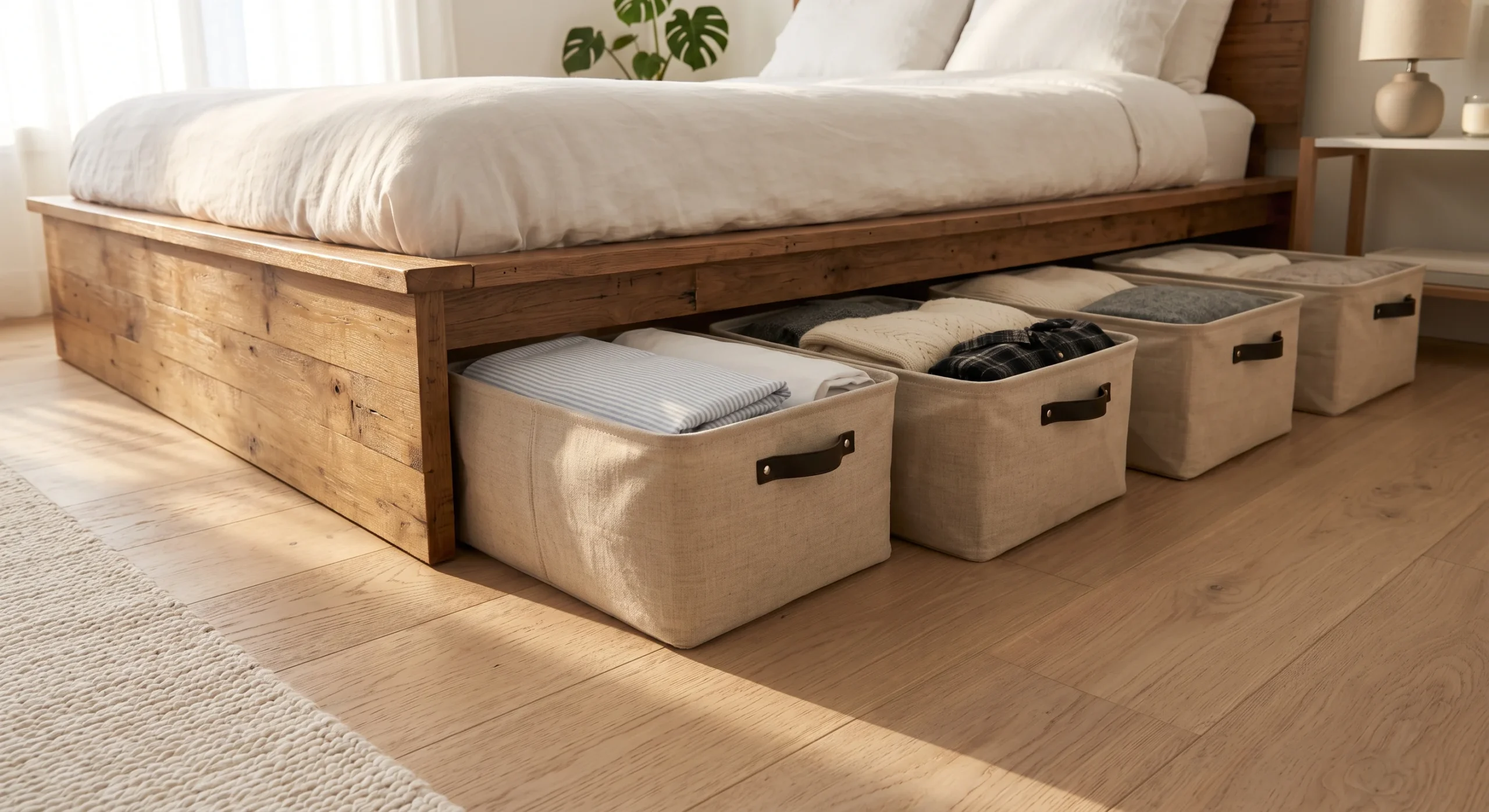 A neatly organized set of matching fabric storage bins slid halfway out from beneath a platform bed frame, folded linens and off-season clothing visible inside, soft morning light raking across a light oak floor, low camera angle emphasizing the reclaimed under-bed footprint.