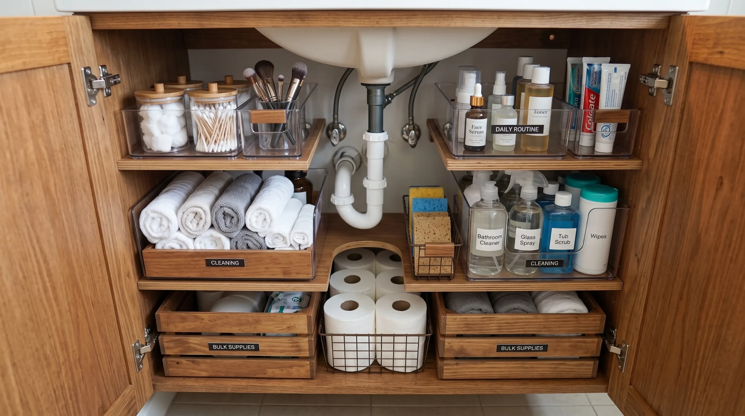 A pedestal-free vanity cabinet open to reveal tiered bins organized around the plumbing, cleaning supplies and extra toiletries visible, warm bathroom light, close overhead-angle shot emphasizing the organized tiered layout.