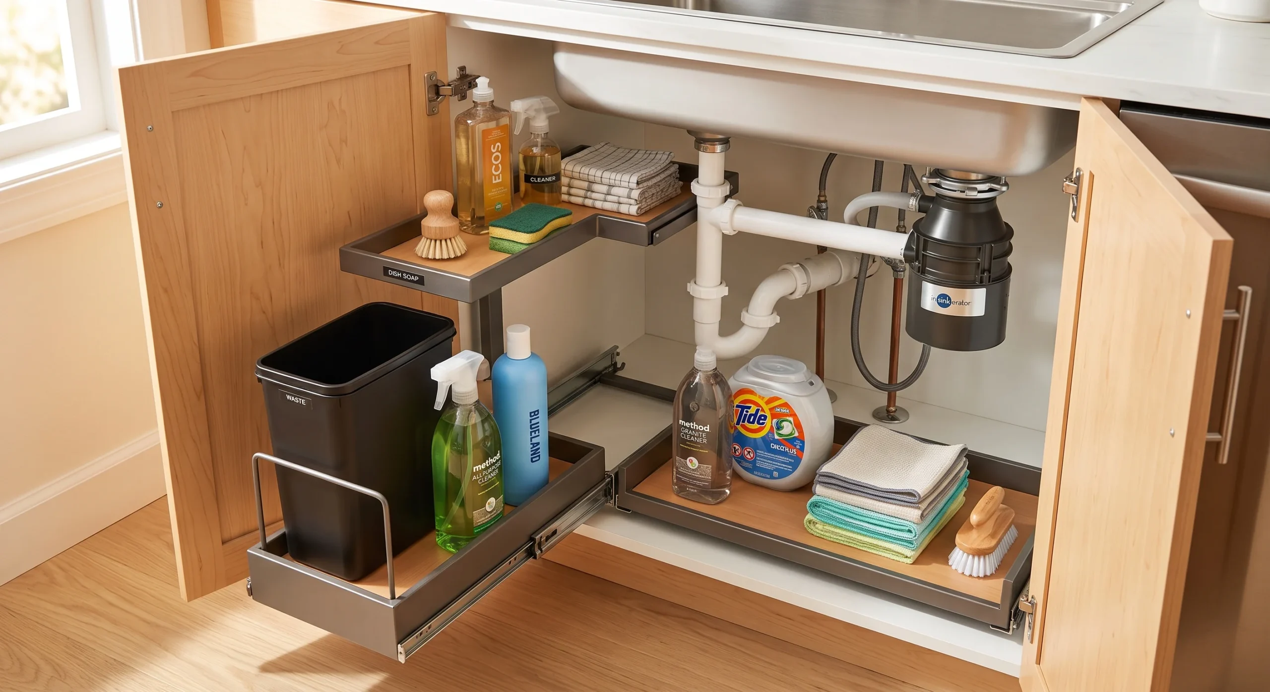 A pull-out under-sink organizer with tiered shelving holding cleaning supplies and a trash bin, cabinet doors open, warm kitchen light, close overhead-angle shot emphasizing the organized tiered layout around the plumbing.