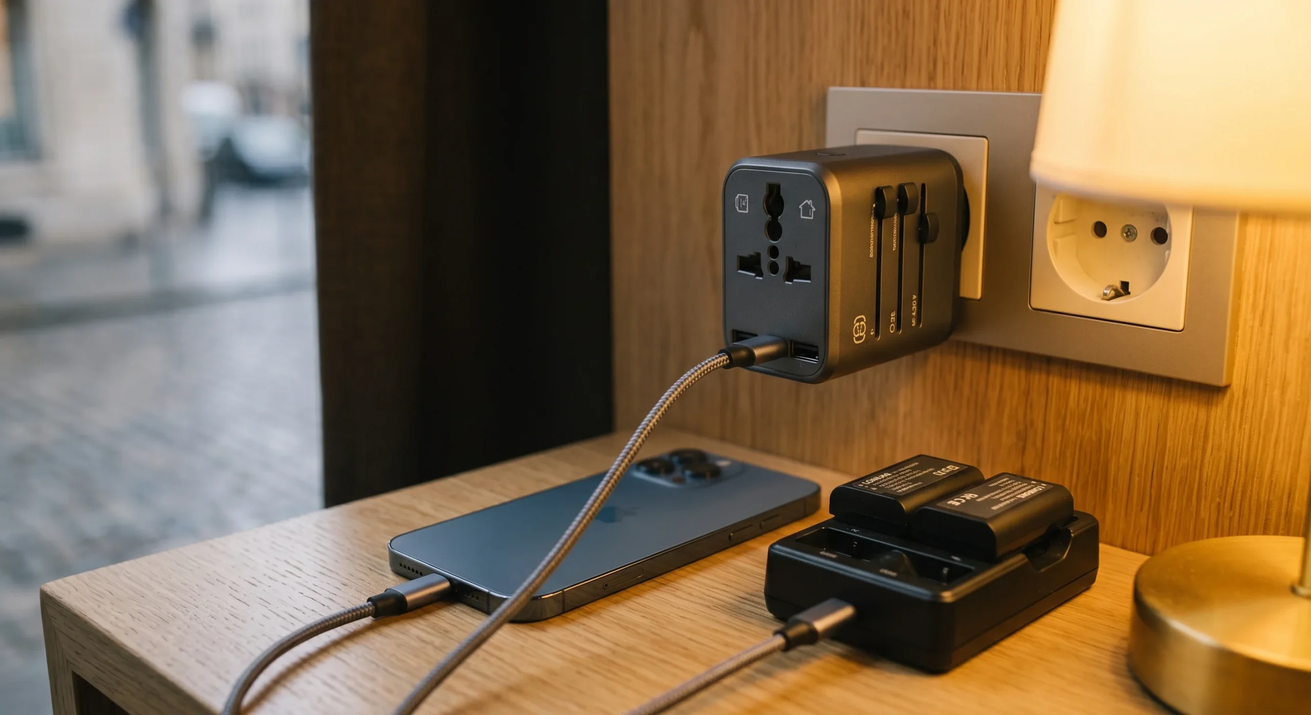 Close-up of a universal travel adapter with multiple USB ports plugged into a hotel wall outlet, a phone and camera battery charging beside it, warm evening lamp light, tight practical product-style composition.