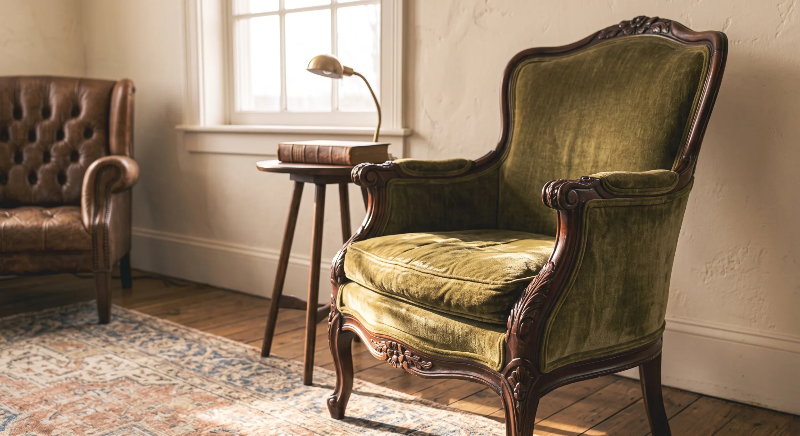 A vintage upholstered accent chair with carved wood arms and a worn velvet seat positioned in a reading corner, warm natural light highlighting the fabric's texture, close angled shot emphasizing the chair's silhouette.
