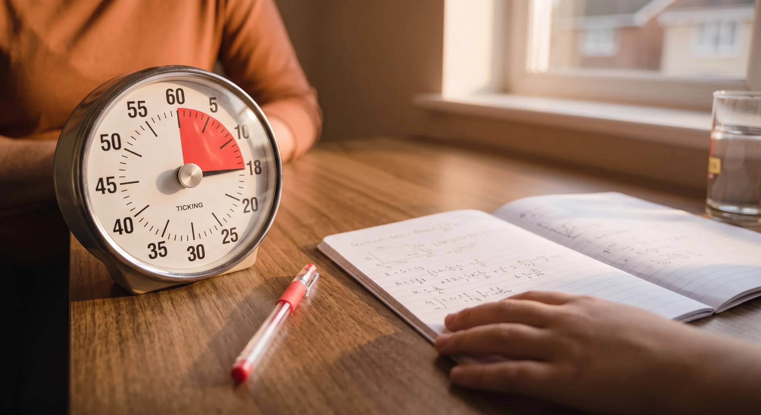 A large analog kitchen timer ticking down on a desk beside an open workbook, warm afternoon light, close angled shot emphasizing the visible countdown and the child's hand resting near the pages.