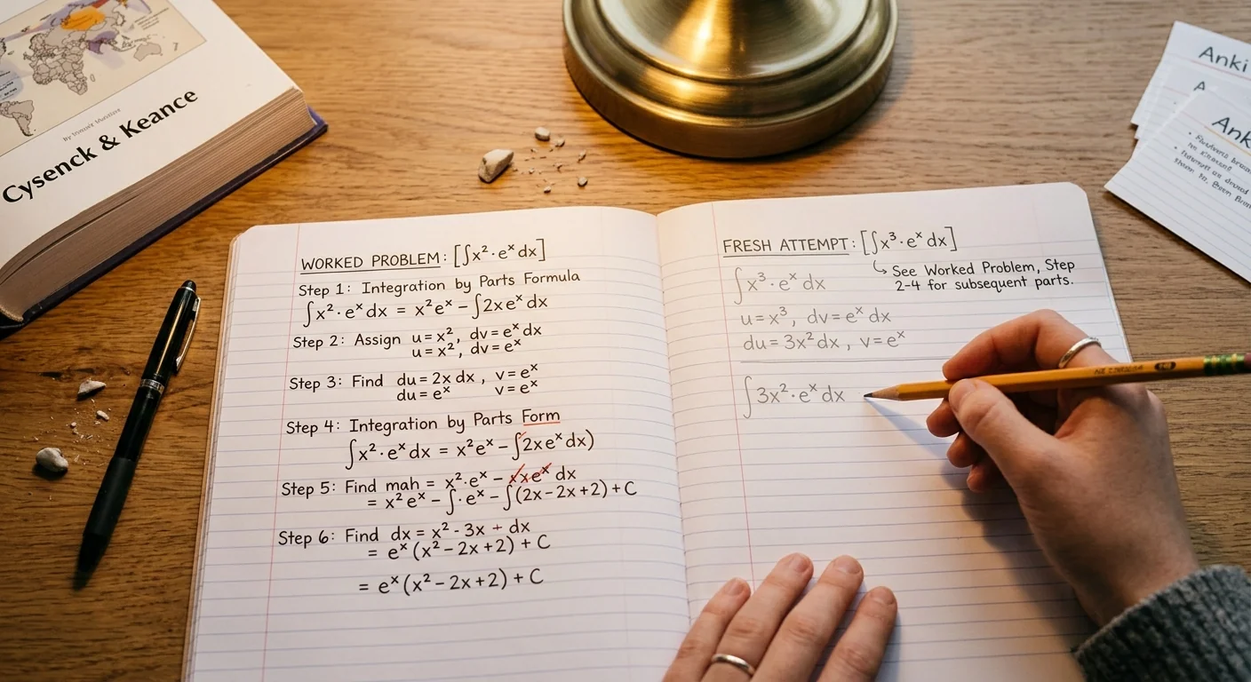 A worked math problem with each step shown clearly beside a fresh attempt at a similar problem, pencil marks visible, warm desk light, close overhead shot emphasizing the step-by-step comparison.