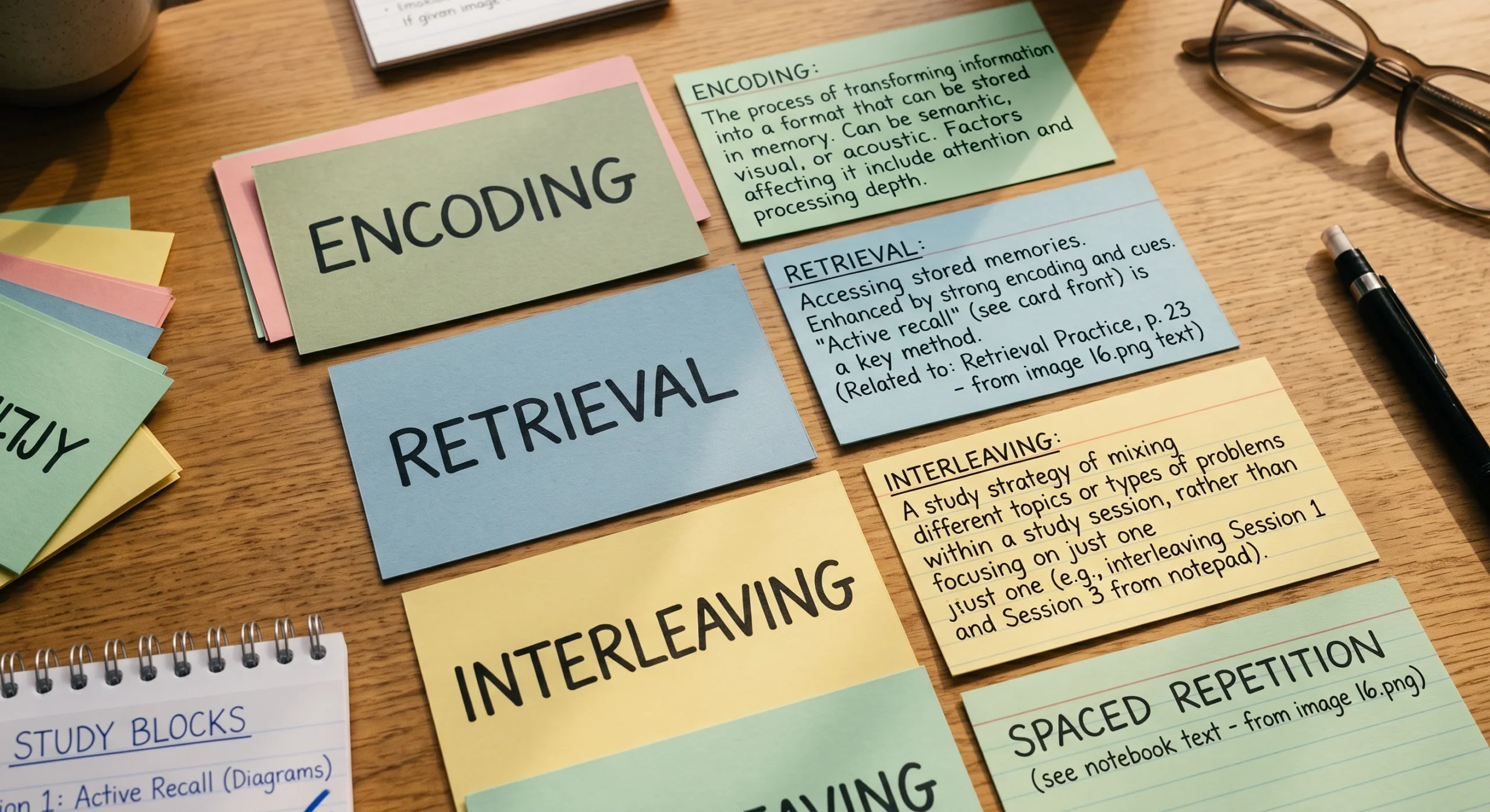 A set of colorful index cards with a single keyword written on the front and a full explanation on the back, spread on a desk, soft natural light, close overhead shot emphasizing the keyword-to-explanation format.