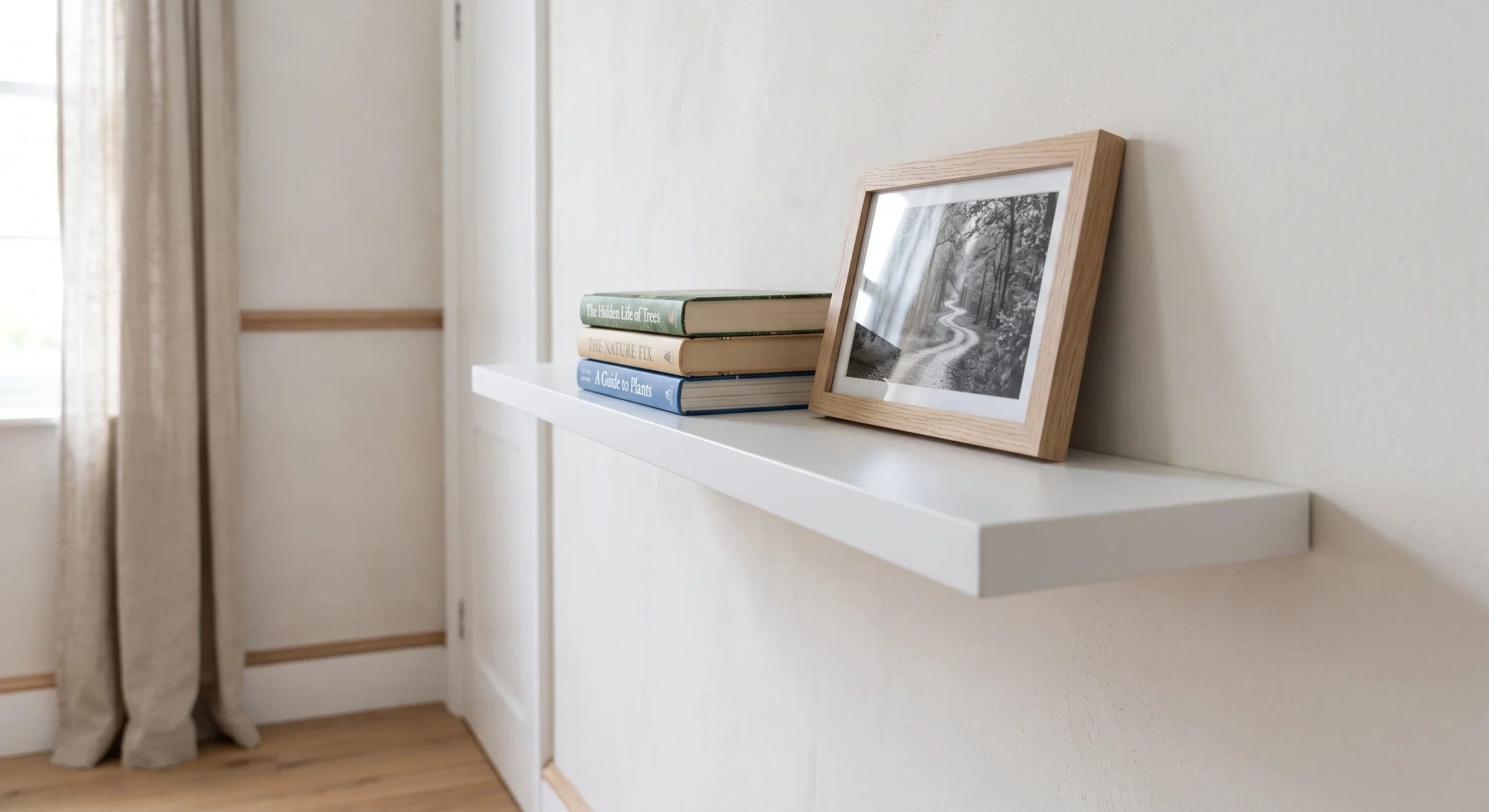 A thin floating white shelf mounted with visible edge gap on a pale wall, holding three small books and a framed photo, soft even daylight, close side-angle shot revealing the shelf appears to float with no visible brackets.
