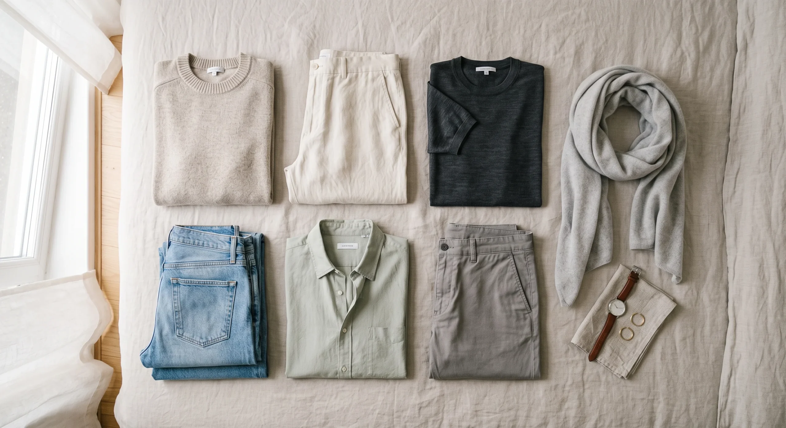 Flat-lay of seven neutral-toned clothing pieces arranged in a coordinated grid on a bed, soft daylight from a nearby window, minimal styling emphasizing how the pieces visually mix and match together.