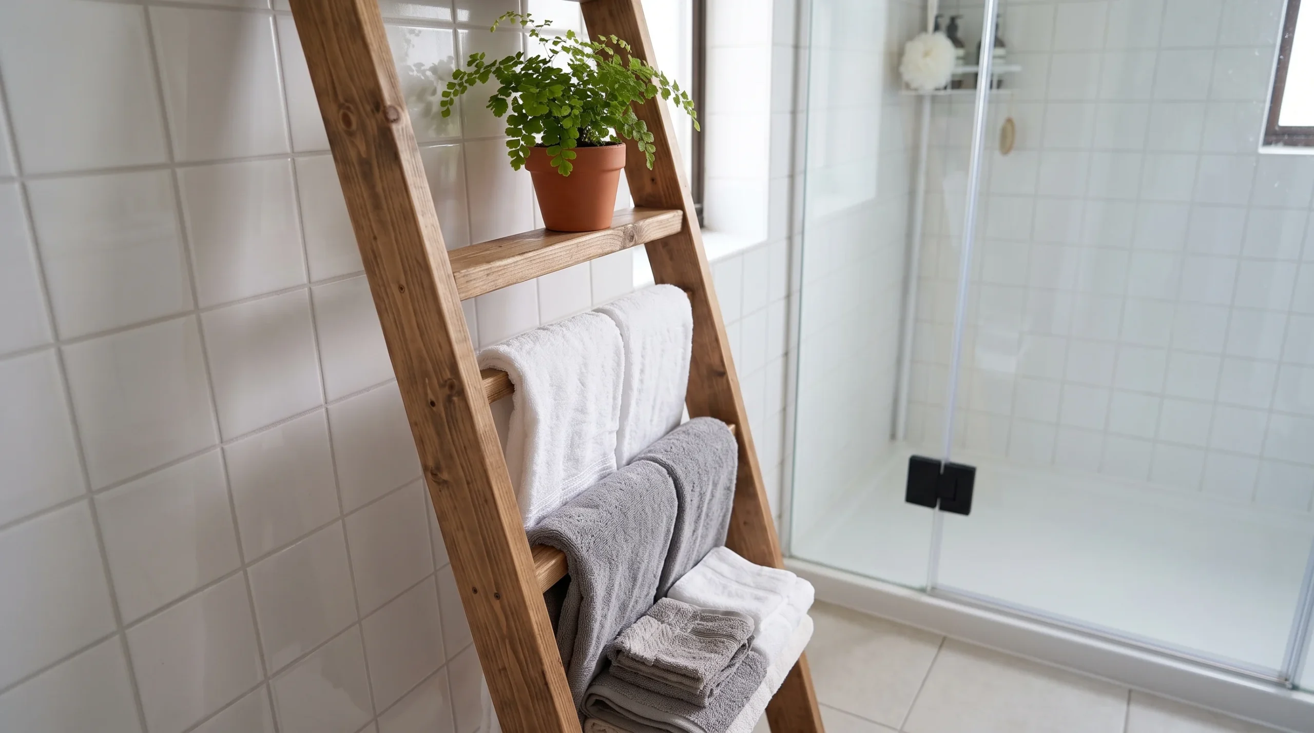 A leaning wood ladder shelf against a bathroom wall, draped with folded towels at each rung, a small plant on the top step, soft natural light, close angled shot emphasizing the ladder's slim vertical footprint.