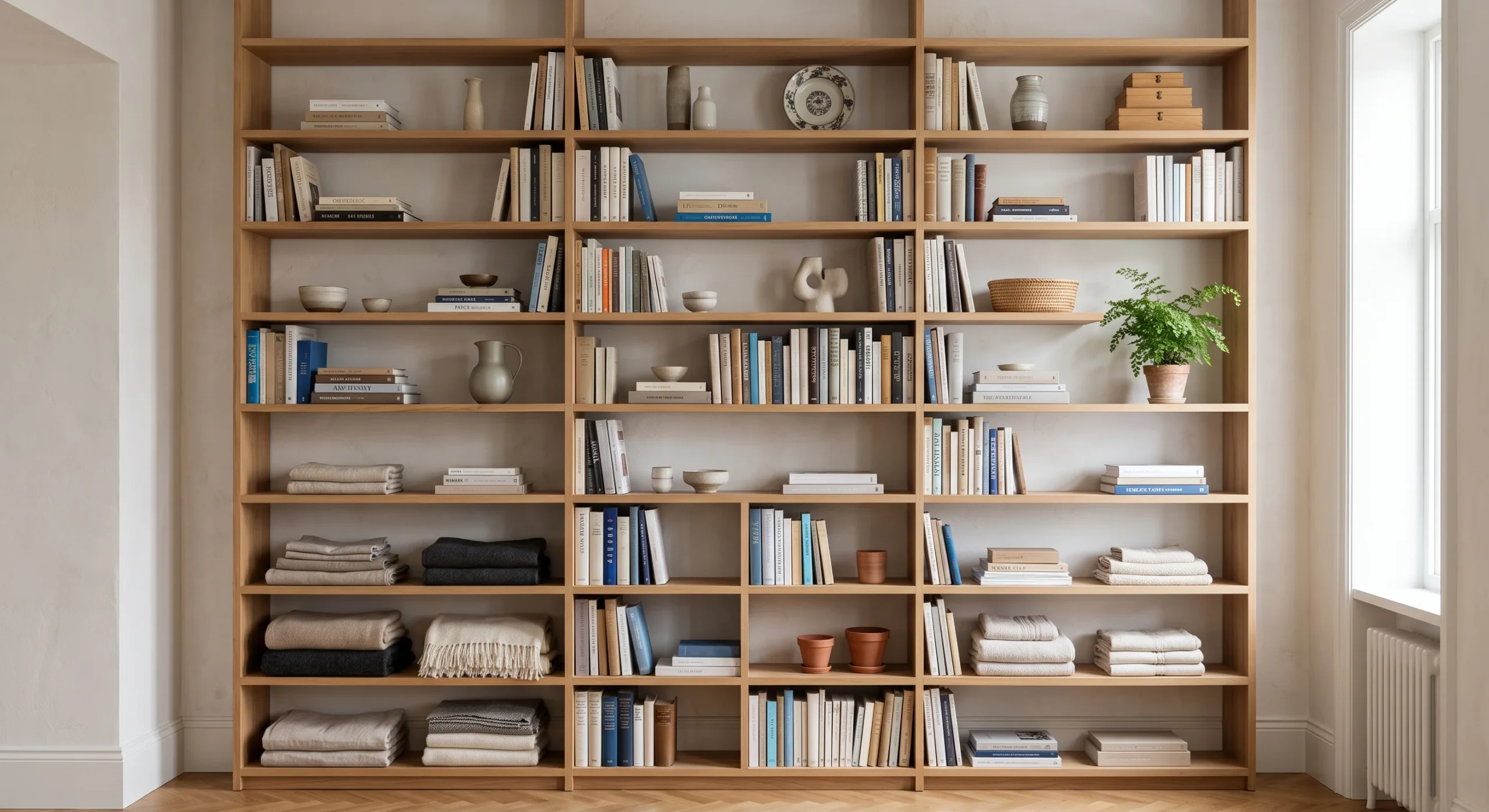 Floor-to-ceiling open wood shelving mounted against a narrow wall, styled with books, folded textiles, and a few ceramic objects, soft directional light from a side window, straight-on architectural elevation-style composition emphasizing height and vertical line.
