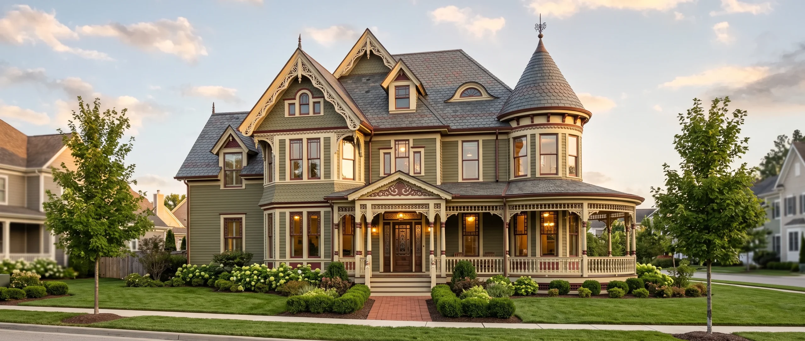 An ornate Victorian home with a wraparound porch, a corner turret, decorative gingerbread trim along the eaves, and a steeply pitched multi-gabled roof, warm late-afternoon light, three-quarter angle shot capturing the roofline's complexity.