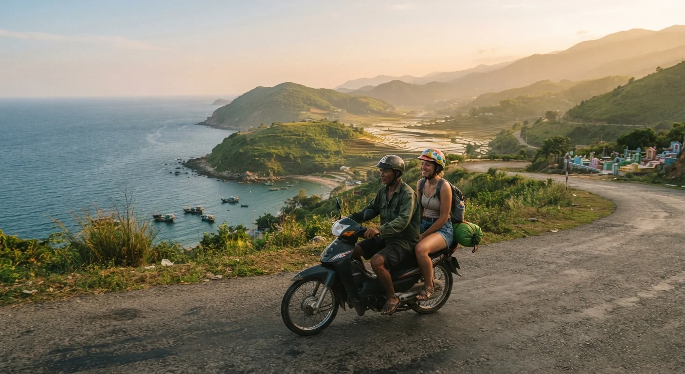 Motorbike driving along a coastal road in central Vietnam, rice terraces visible in the distance, a backpacker passenger with a small bag strapped to the seat, warm late-afternoon light, wide landscape travel documentary shot.