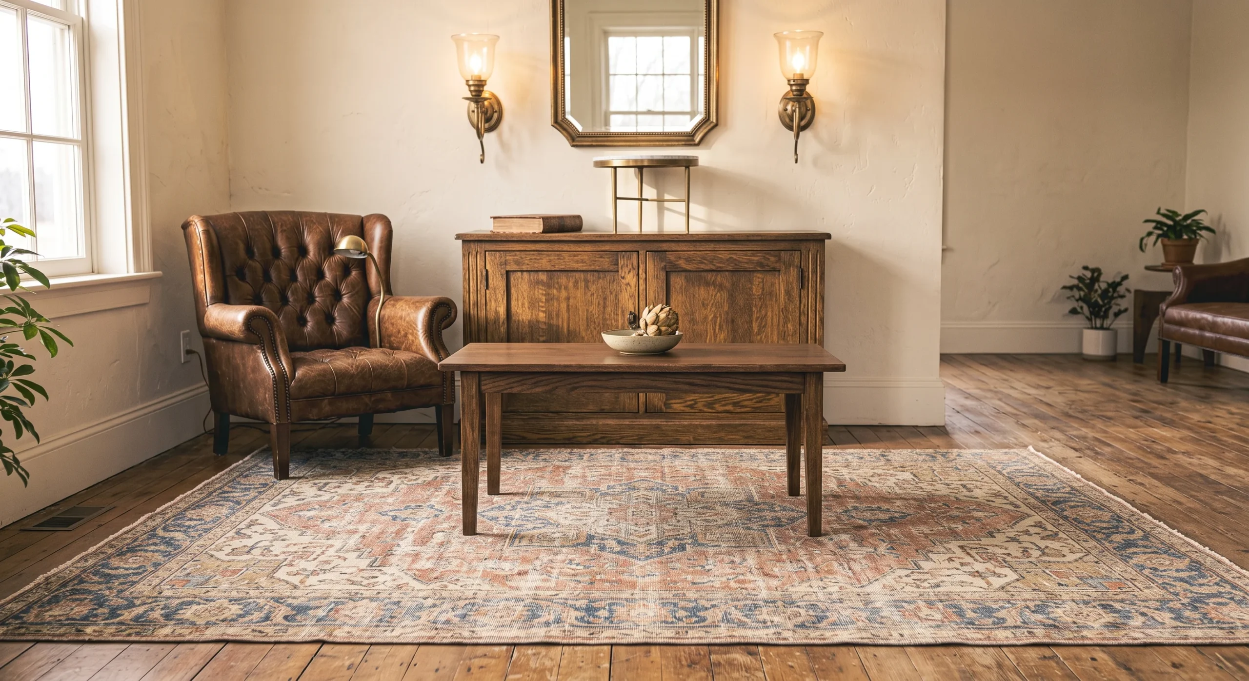 A vintage wool area rug with a faded, intricate pattern layered beneath a wood coffee table, soft natural light emphasizing the rug's muted colors and slight wear, wide shot capturing the rug's full pattern across the floor.