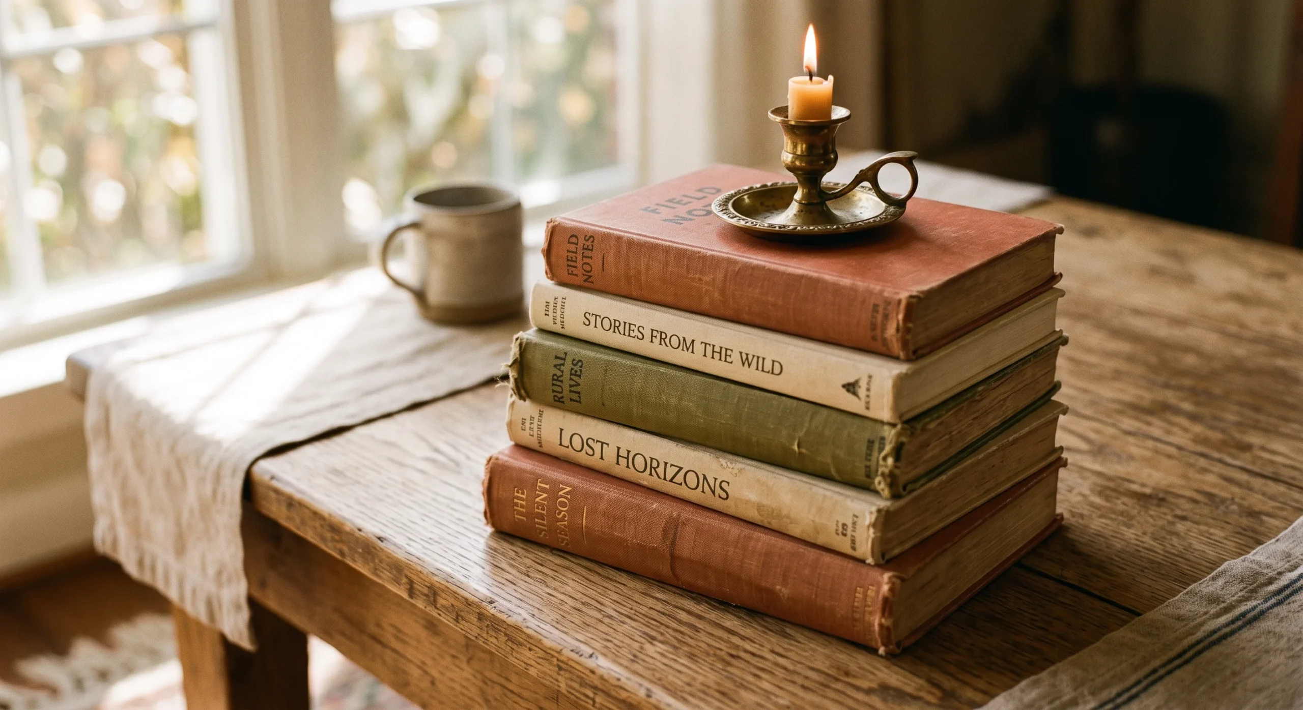 A stack of five worn hardcover books in muted terracotta, cream, and olive spines on a low wooden coffee table, a small brass candle holder resting on top, soft warm window light, shallow depth of field, close overhead-angled shot.