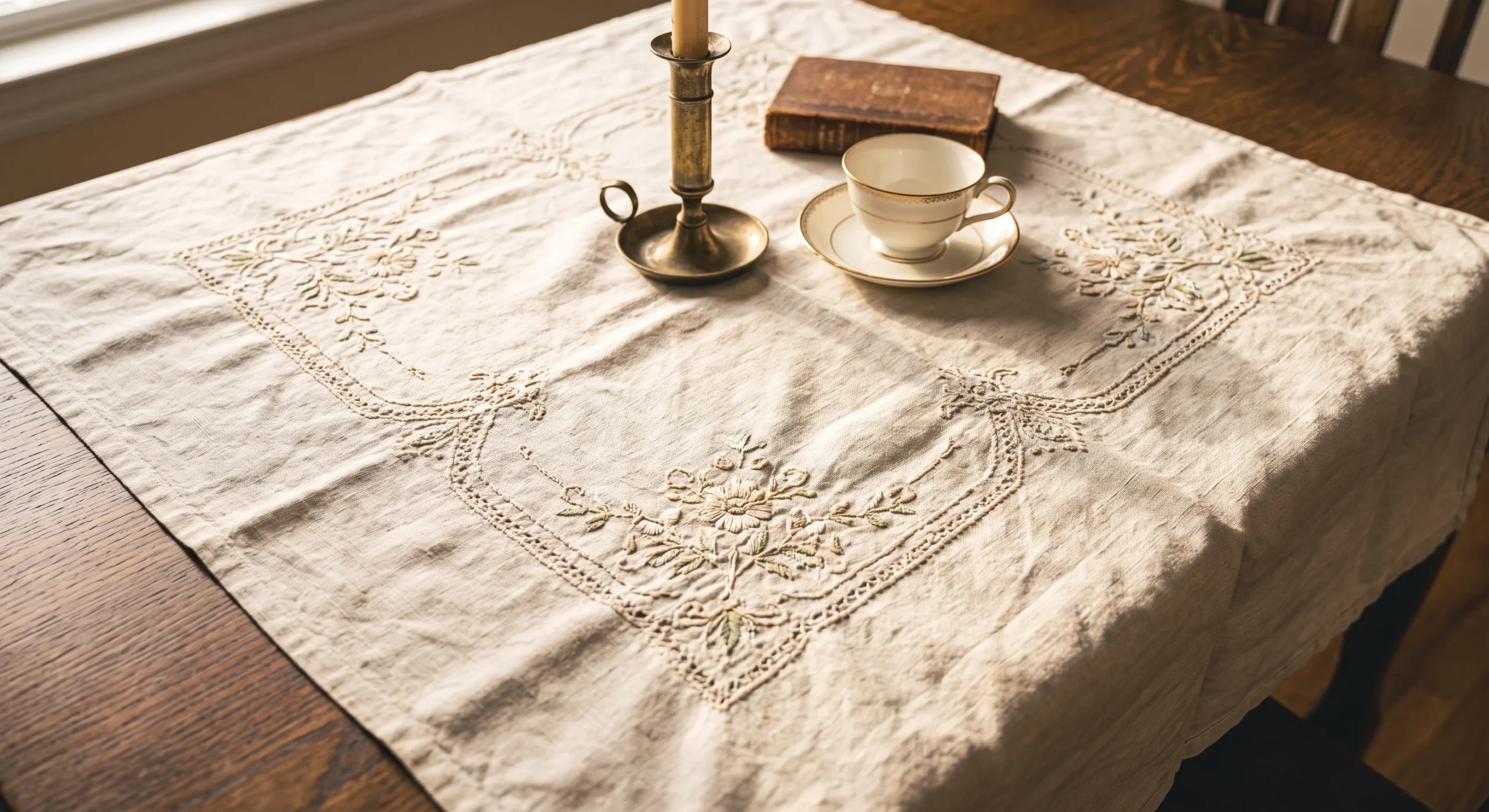An embroidered vintage linen tablecloth draped over a wood dining table, soft natural light highlighting the delicate stitched pattern and slight ivory discoloration, close overhead shot emphasizing the fabric's texture.