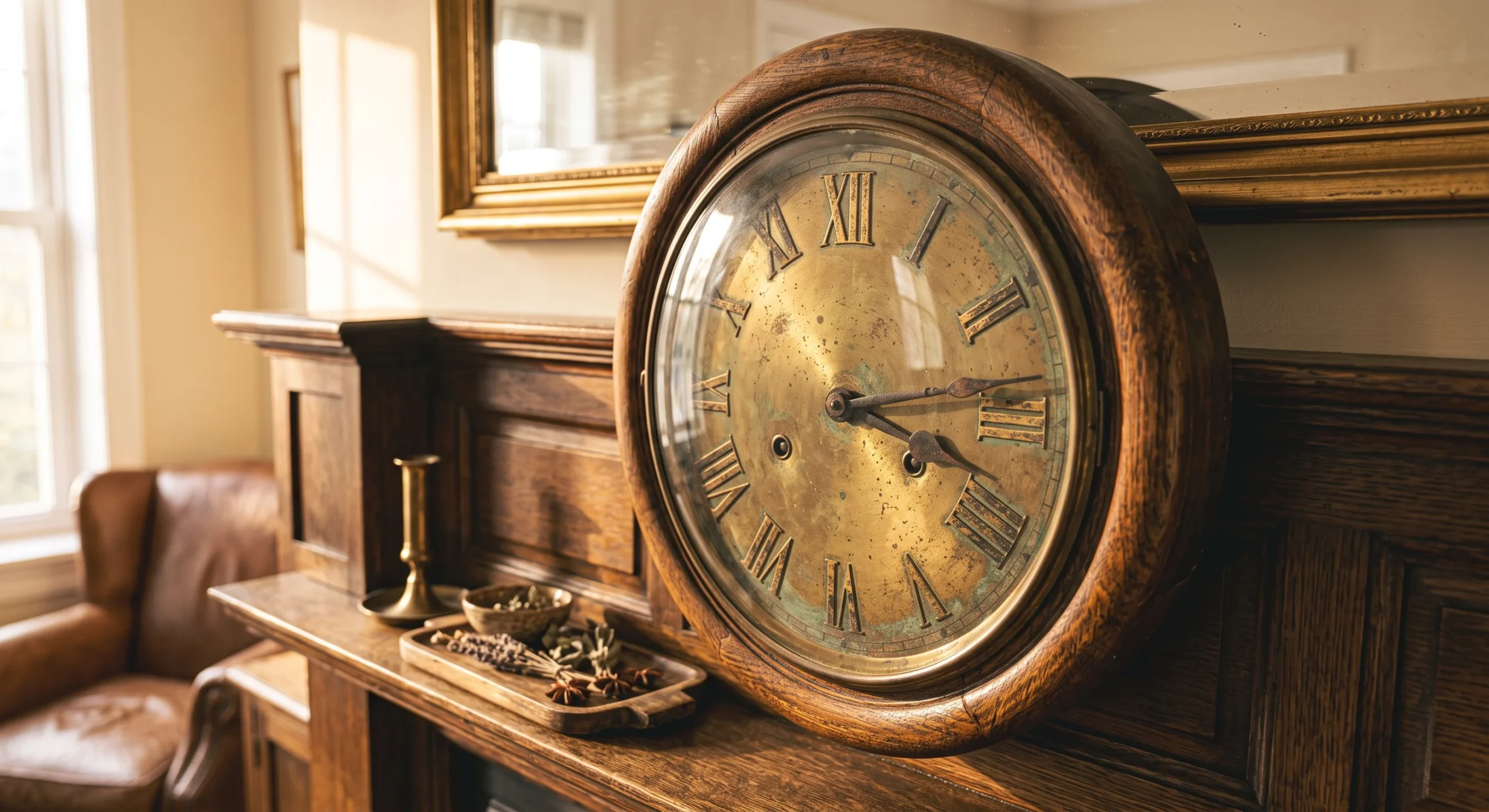 A round vintage wood-cased wall clock with a brass face mounted above a fireplace mantel, warm afternoon light highlighting the clock's aged patina, close angled shot emphasizing the numerals and case detail.
