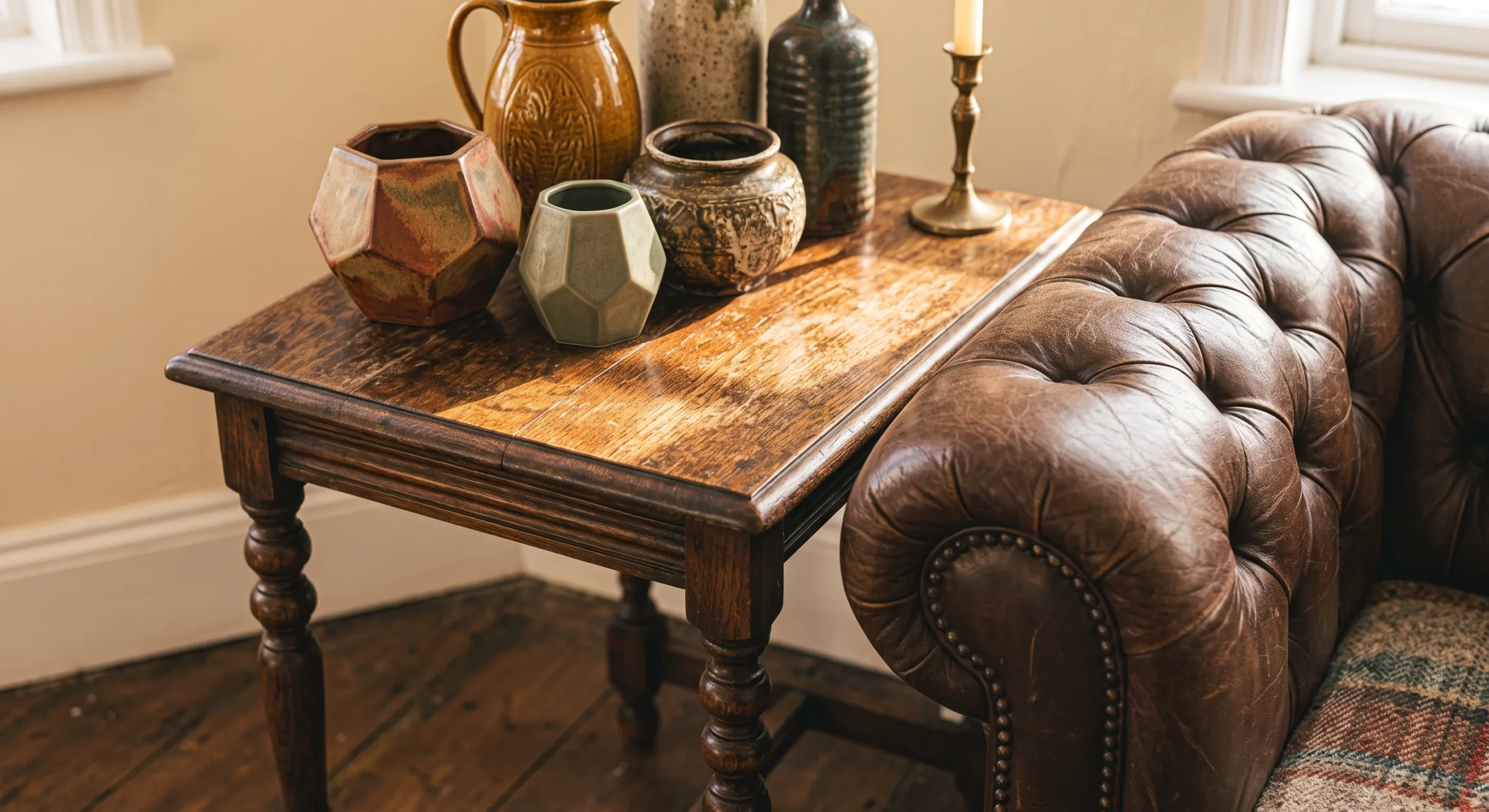 A vintage wood side table with turned legs and a rich walnut finish beside an armchair, warm afternoon light highlighting the grain and slight wear on the surface, close angled shot emphasizing the wood's depth of tone.